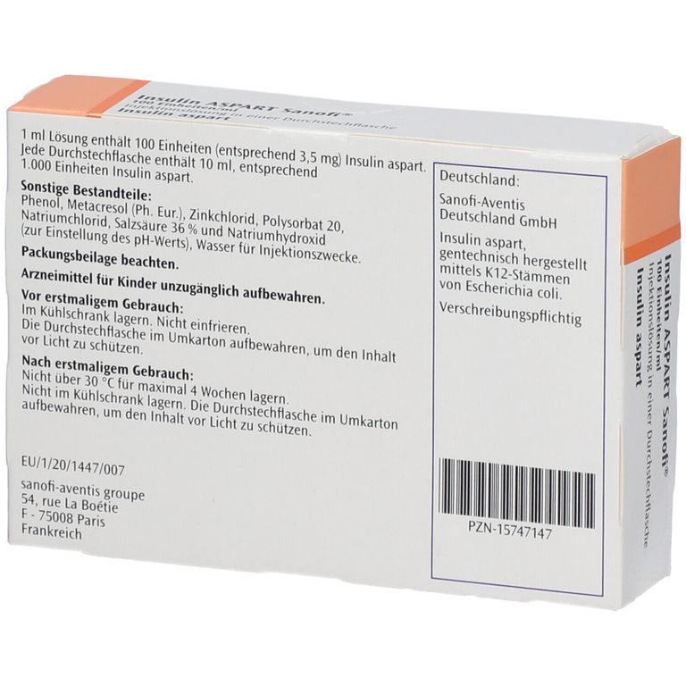 INSULIN ASPART Sanofi 100 E/ml ILO i.e.Dsfl. 5x10 ml mit