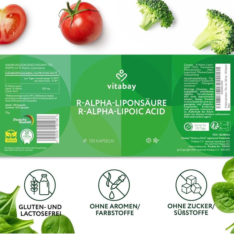 Complément Alimentaire VITABAY Acide R-Alpha-Lipoïque 300 Mg – 120 Comprimés (date 08/27)