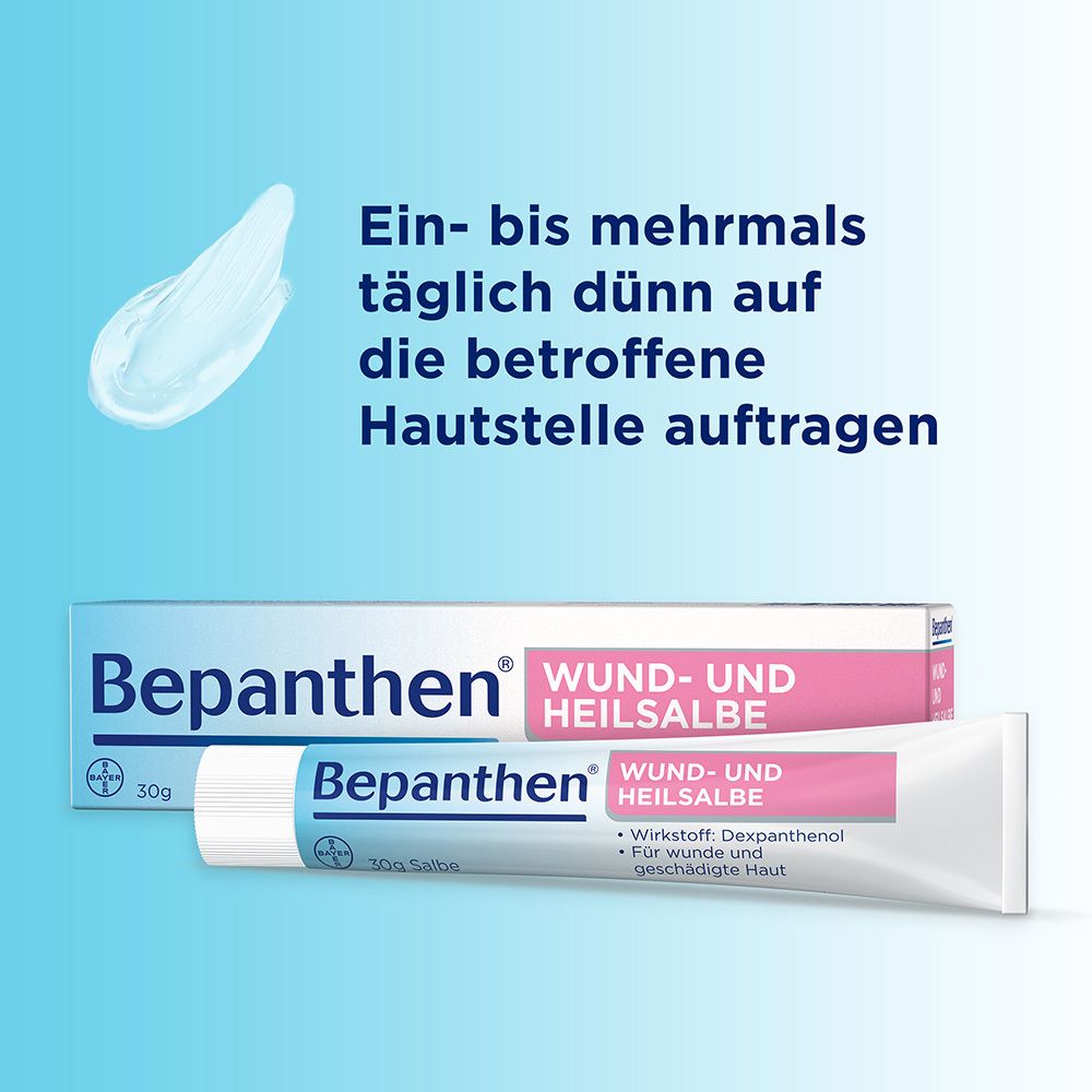 Bepanthen Wund- und Heilsalbe, Tube und Schachtel. Text: Ein- bis mehrmals täglich dünn auf die betroffene Hautstelle auftragen.