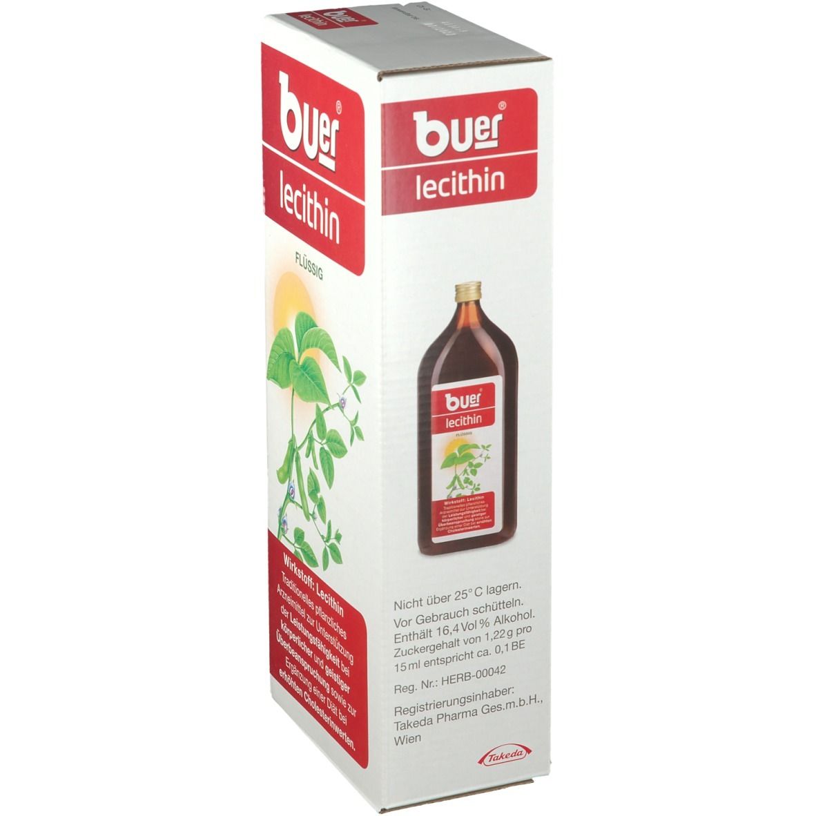Karton mit Buer Lecithin. Aufdruck: Flüssig, Pflanzenabbildung, Flasche. Rote und weiße Farbgebung.