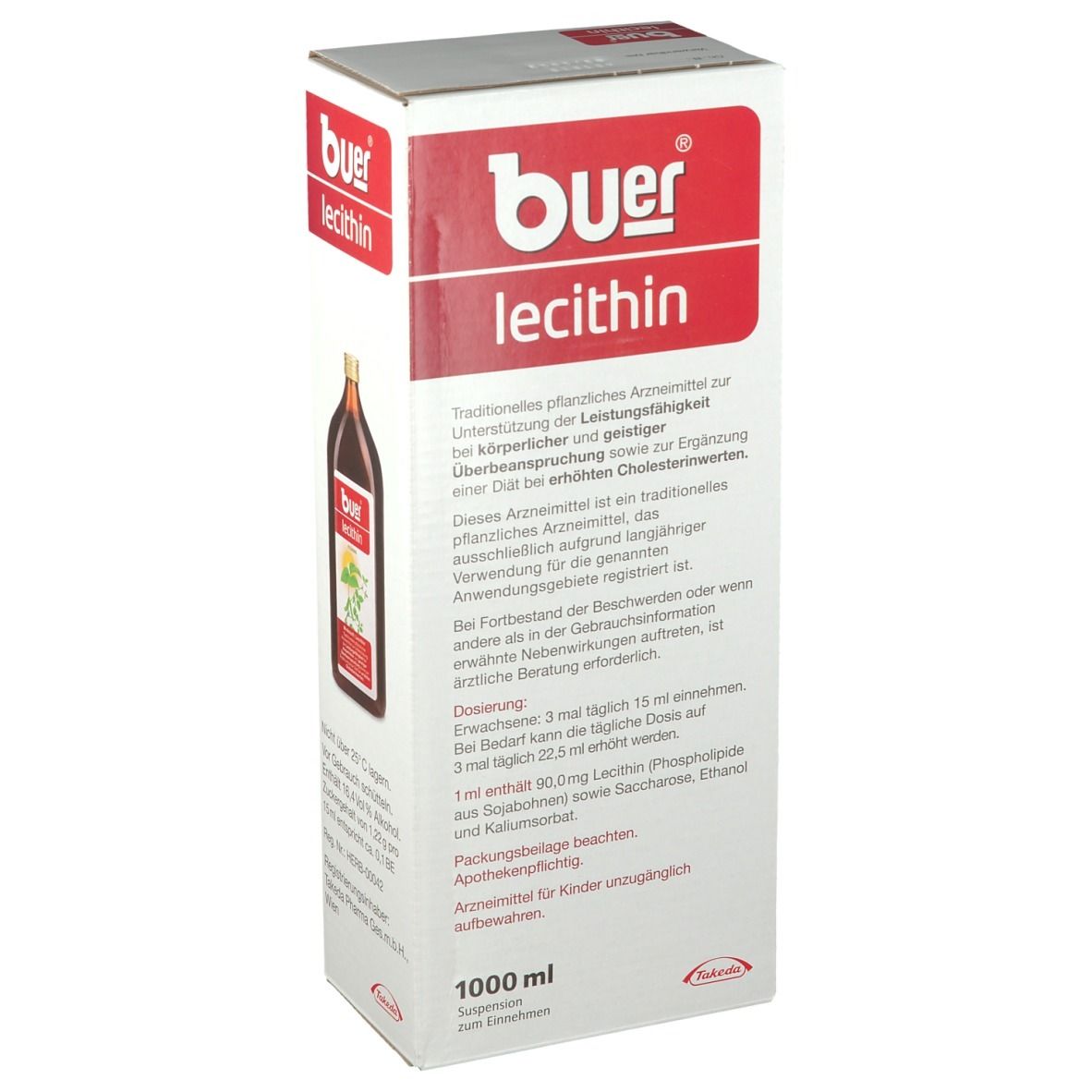 Karton mit Buer Lecithin. Aufdruck: Flüssig, Pflanzenabbildung, Text. Rote und weiße Farbgebung, 1000 ml.