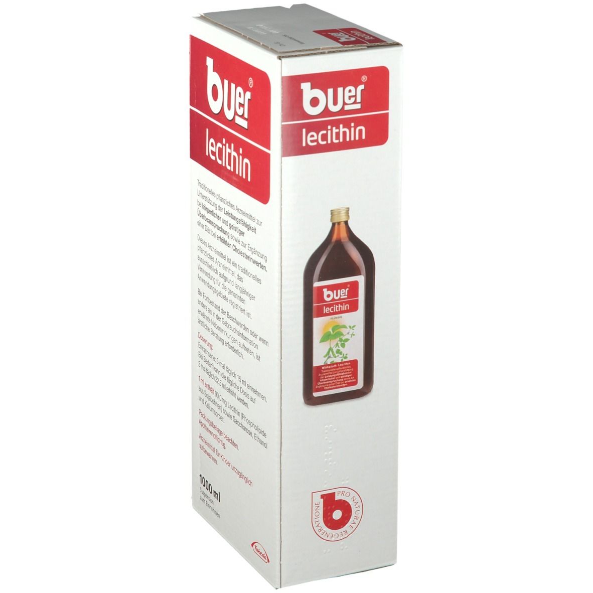 Karton mit Buer Lecithin. Aufdruck: Flüssig, Pflanzenabbildung, Text. Rote und weiße Farbgebung, 1000 ml.