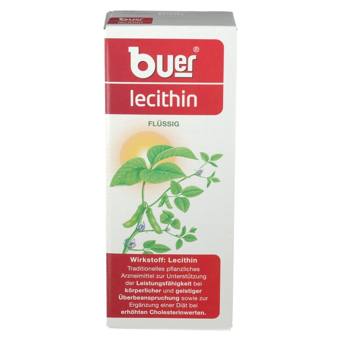 Karton mit Buer Lecithin. Aufdruck: Flüssig, Pflanzenabbildung, Wirkstoff Lecithin. Rote und weiße Farbgebung.
