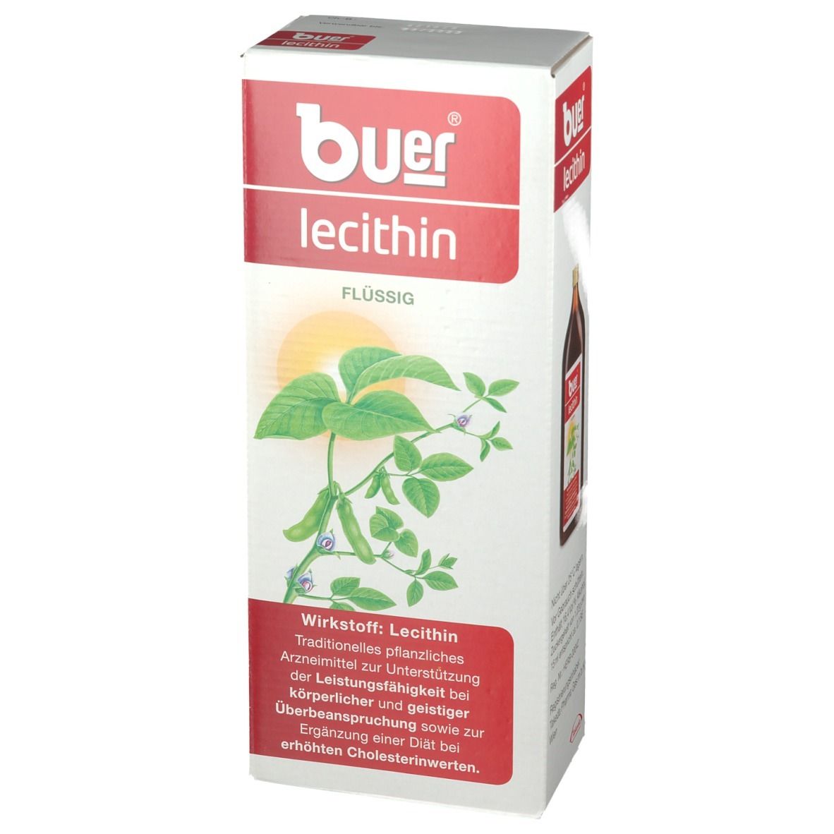 Karton mit Buer Lecithin. Aufdruck: Flüssig, Pflanzenabbildung, Wirkstoff Lecithin. Rote und weiße Farbgebung.