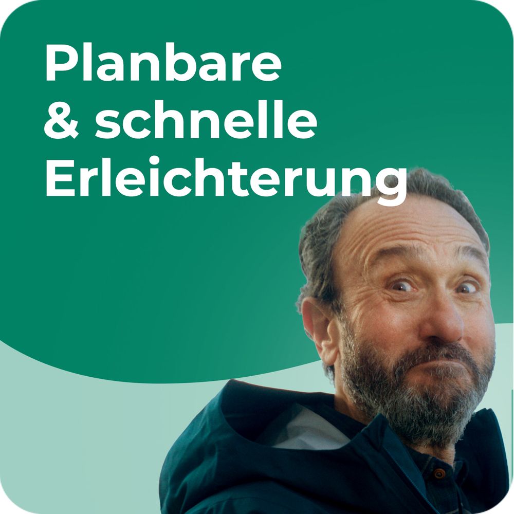 Mann mit Bart. Text: Planbare & schnelle Erleichterung.