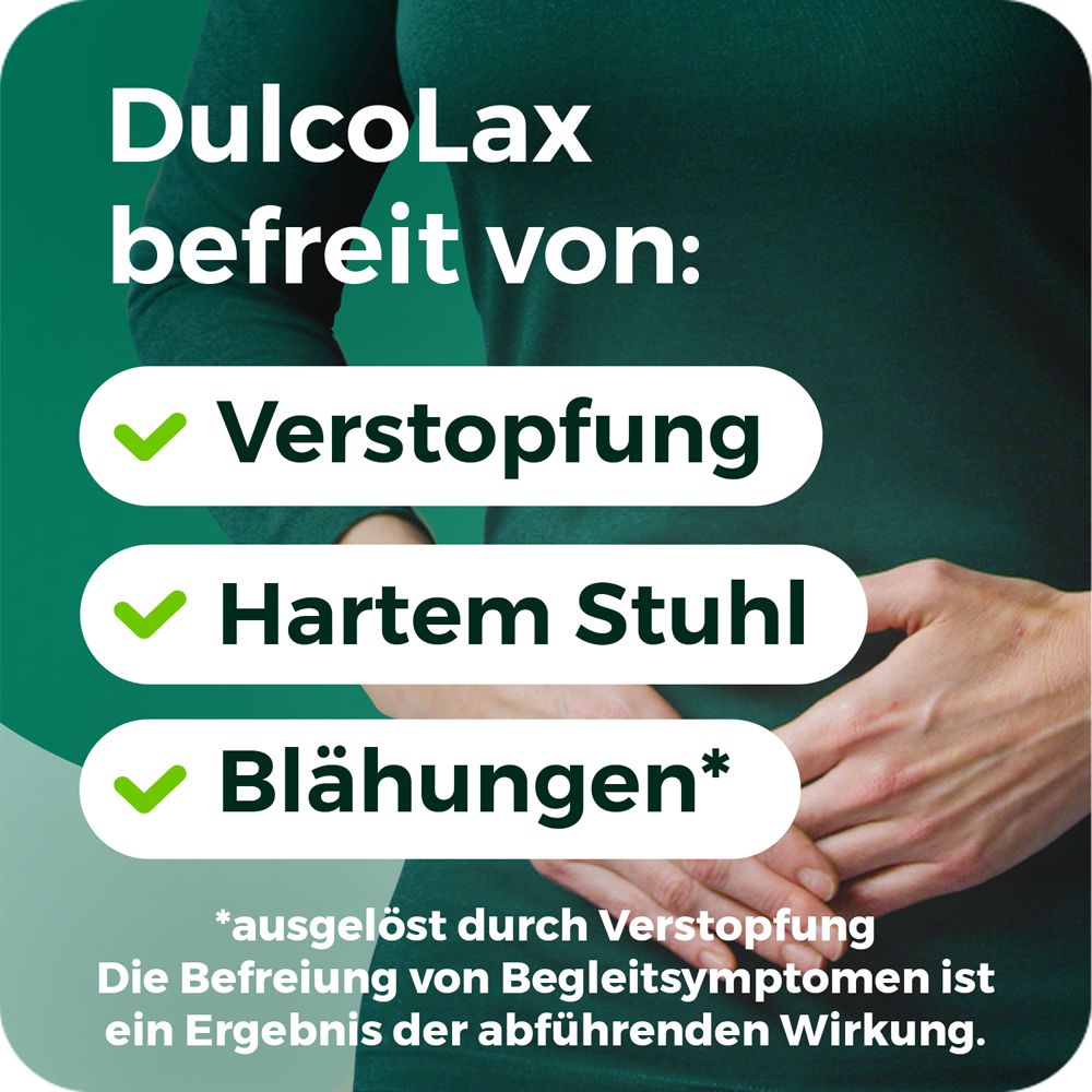 Frau mit Bauch. Text: Befreit von: Verstopfung, hartem Stuhl, Blähungen.