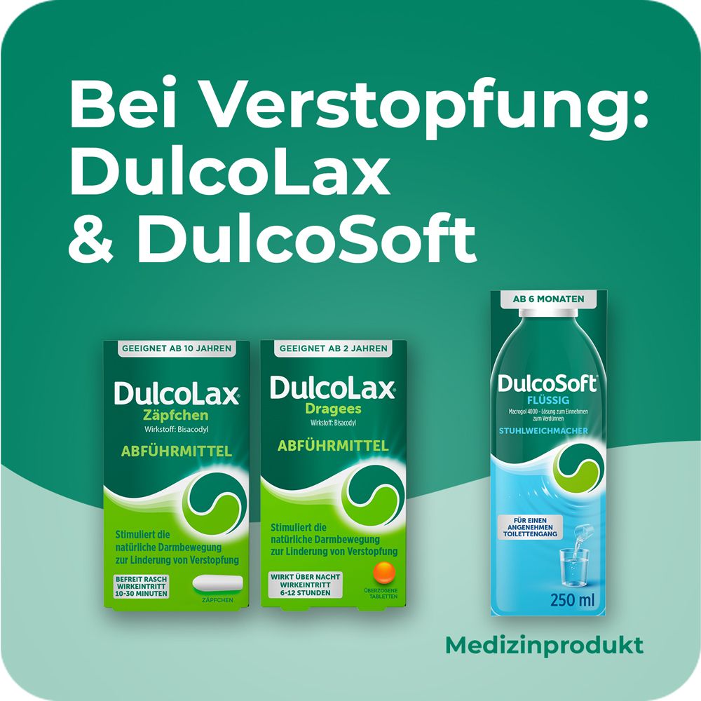 Verschiedene Produkte: Dulcolax Zäpfchen, Dragees und Dulcosoft.