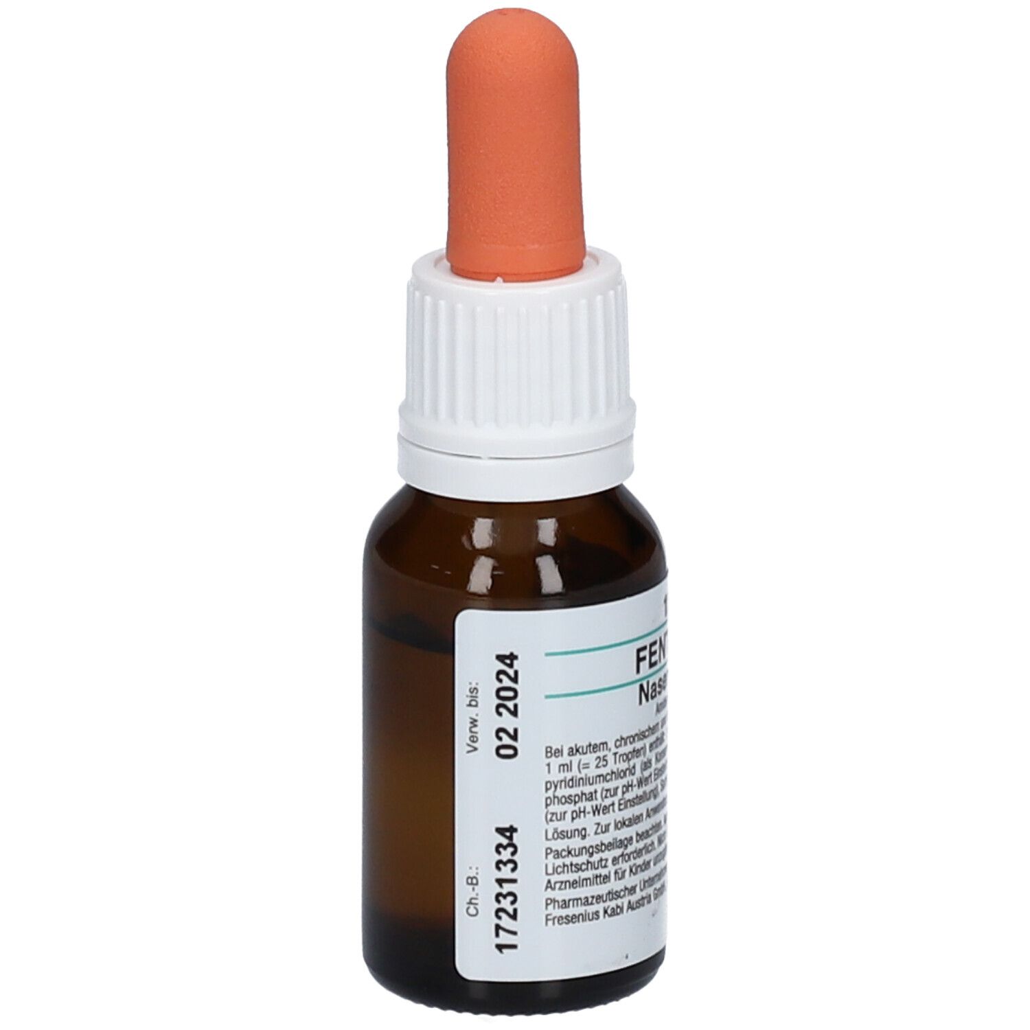 Braune Glasflasche mit orangefarbenem Tropfer. Aufkleber mit Verfallsdatum und Chargennummer.