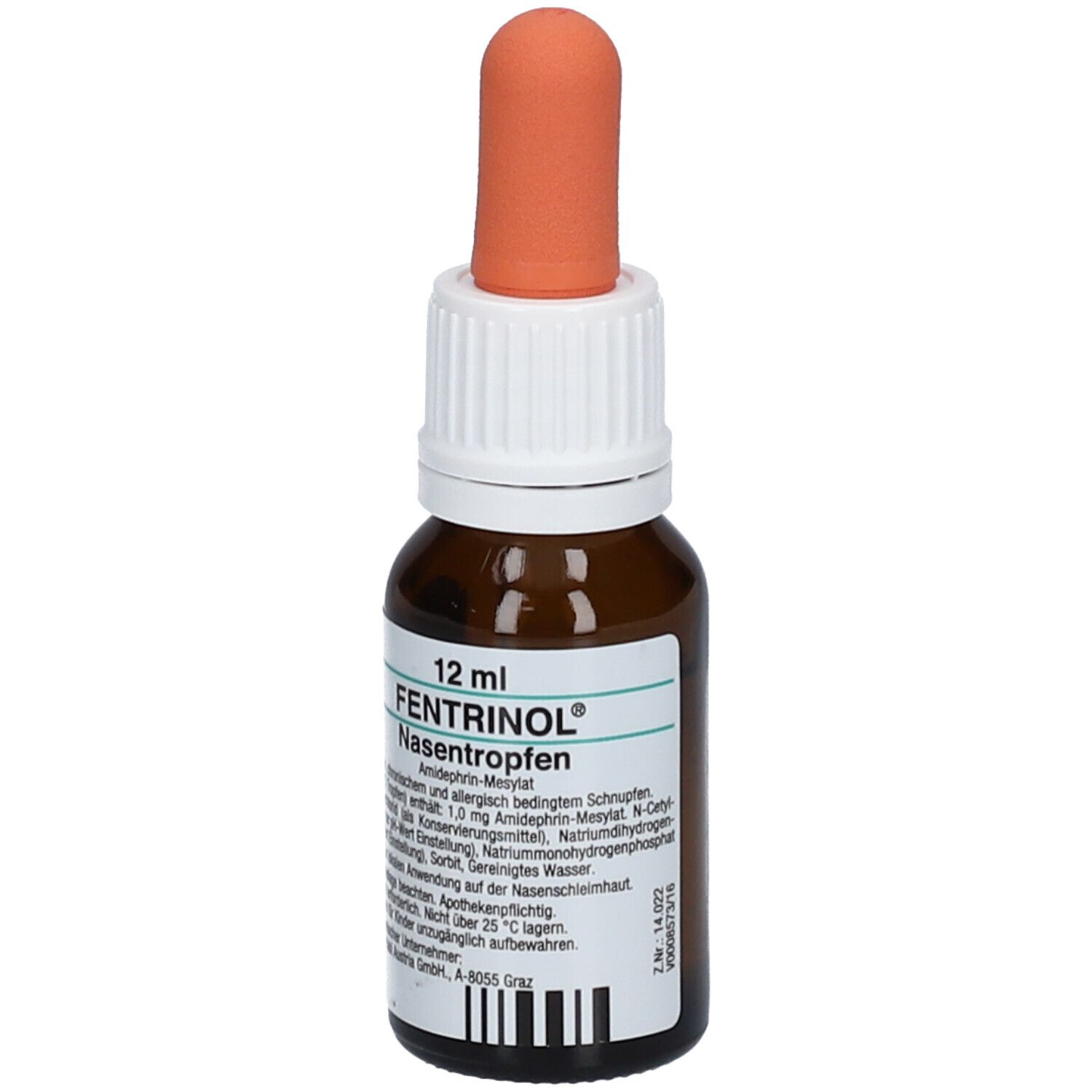 Braune Glasflasche mit orangefarbenem Tropfer. Beschriftung: FENTRINOL® Nasentropfen, 12 ml.