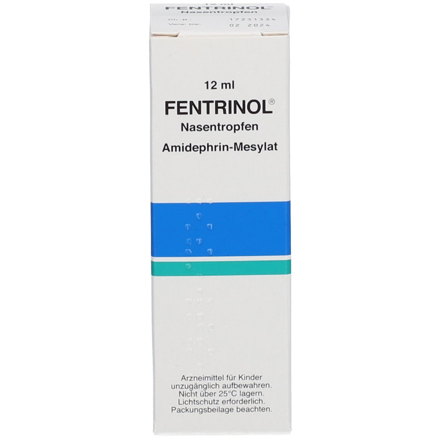 Weißer Karton mit blauer Fläche. Beschriftung: FENTRINOL® Nasentropfen.