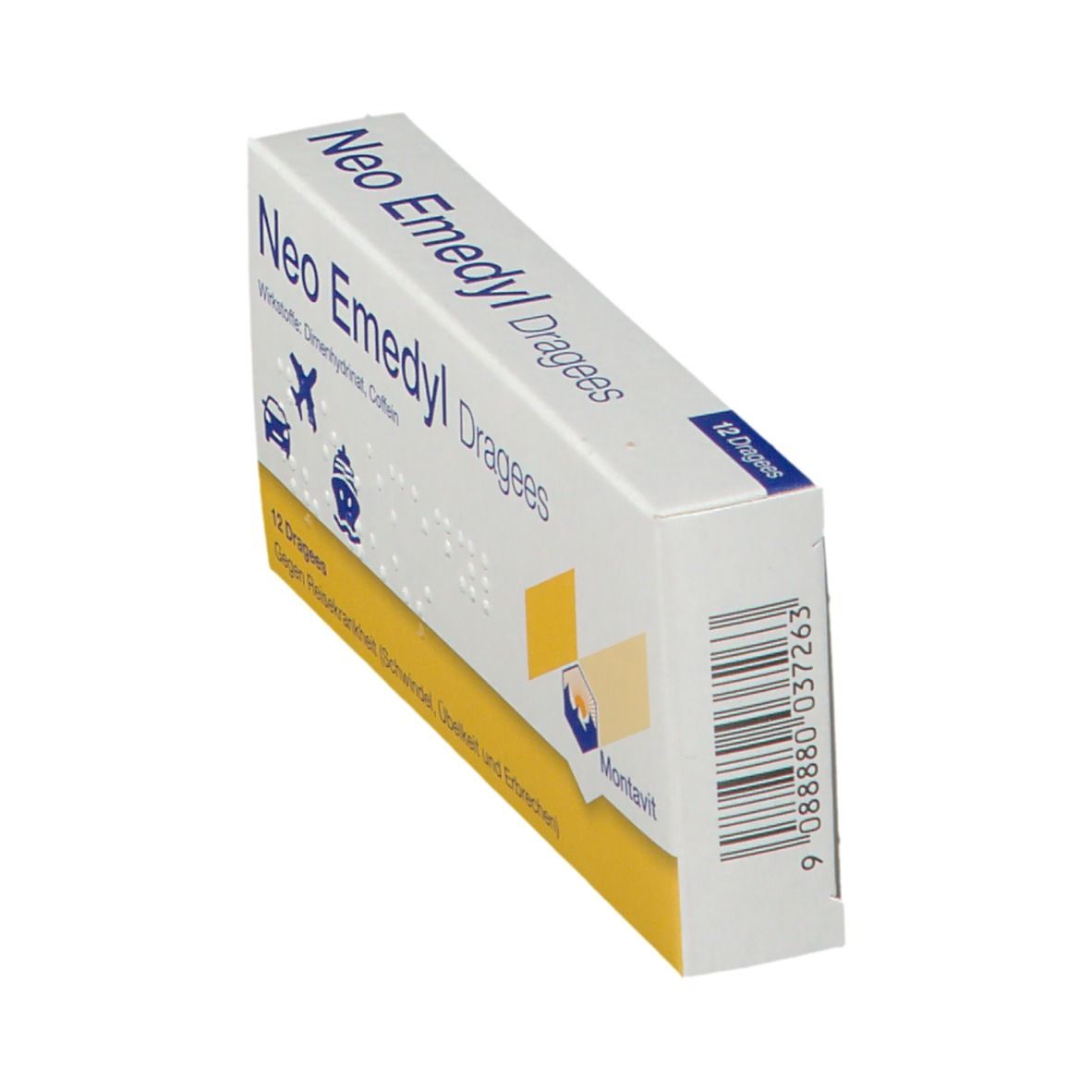 Schachtel "Neo Emedyl Dragees" mit 12 Dragees. Aufdrucke: Wirkstoffe, Piktogramme von Auto, Flugzeug, Schiff. Gelber Akzent.