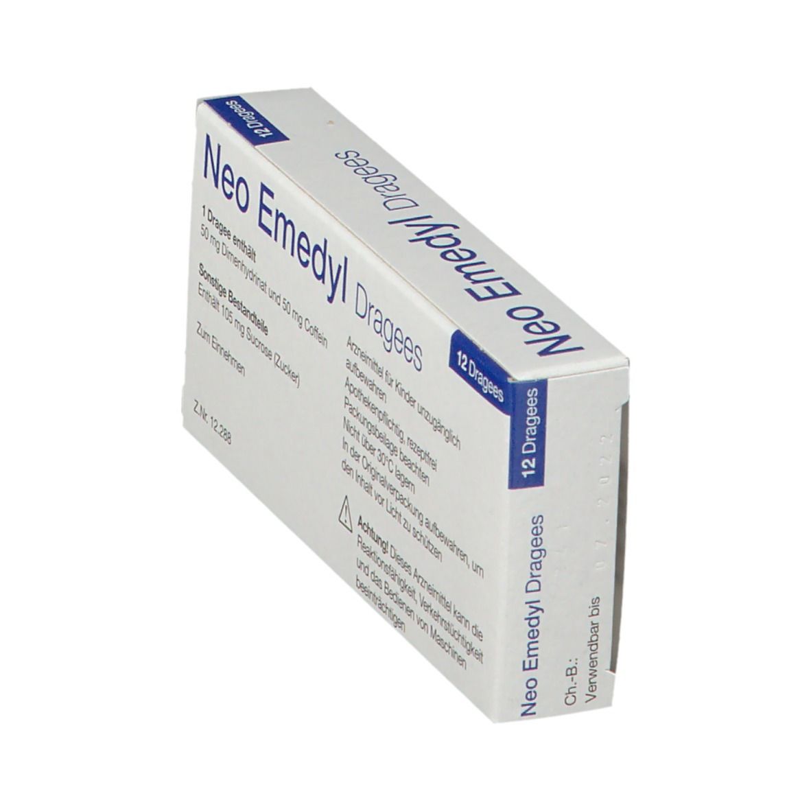 Schachtel "Neo Emedyl Dragees" mit 12 Dragees. Enthält Informationen zu Inhaltsstoffen und Warnhinweisen. Weiß und blau.