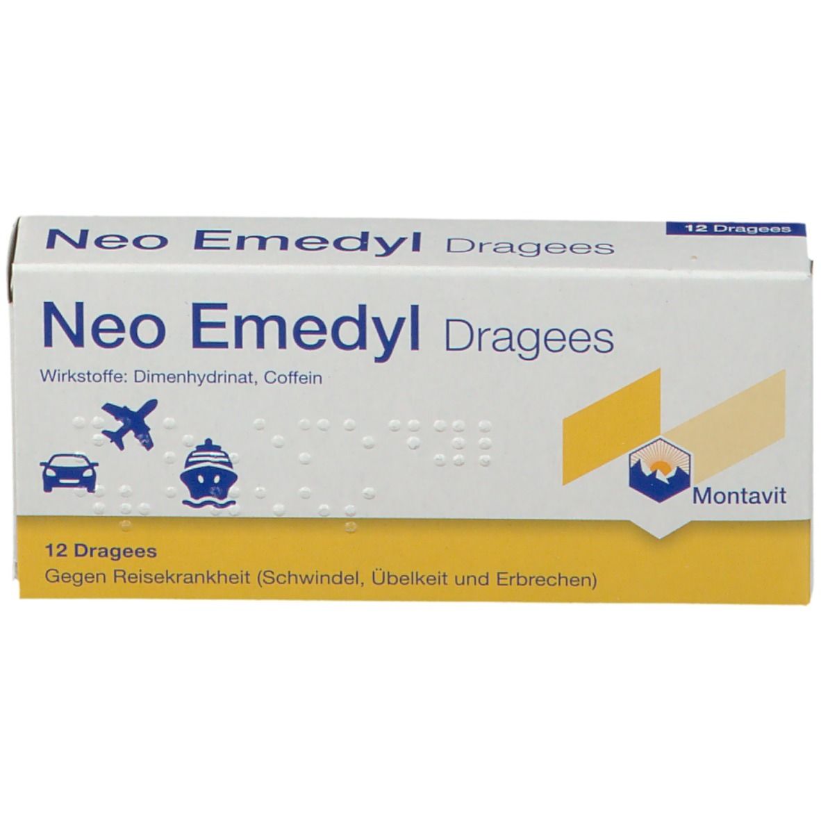 Schachtel "Neo Emedyl Dragees" mit 12 Dragees. Aufdrucke: Wirkstoffe, Piktogramme von Auto, Flugzeug, Schiff. Gelber Akzent.
