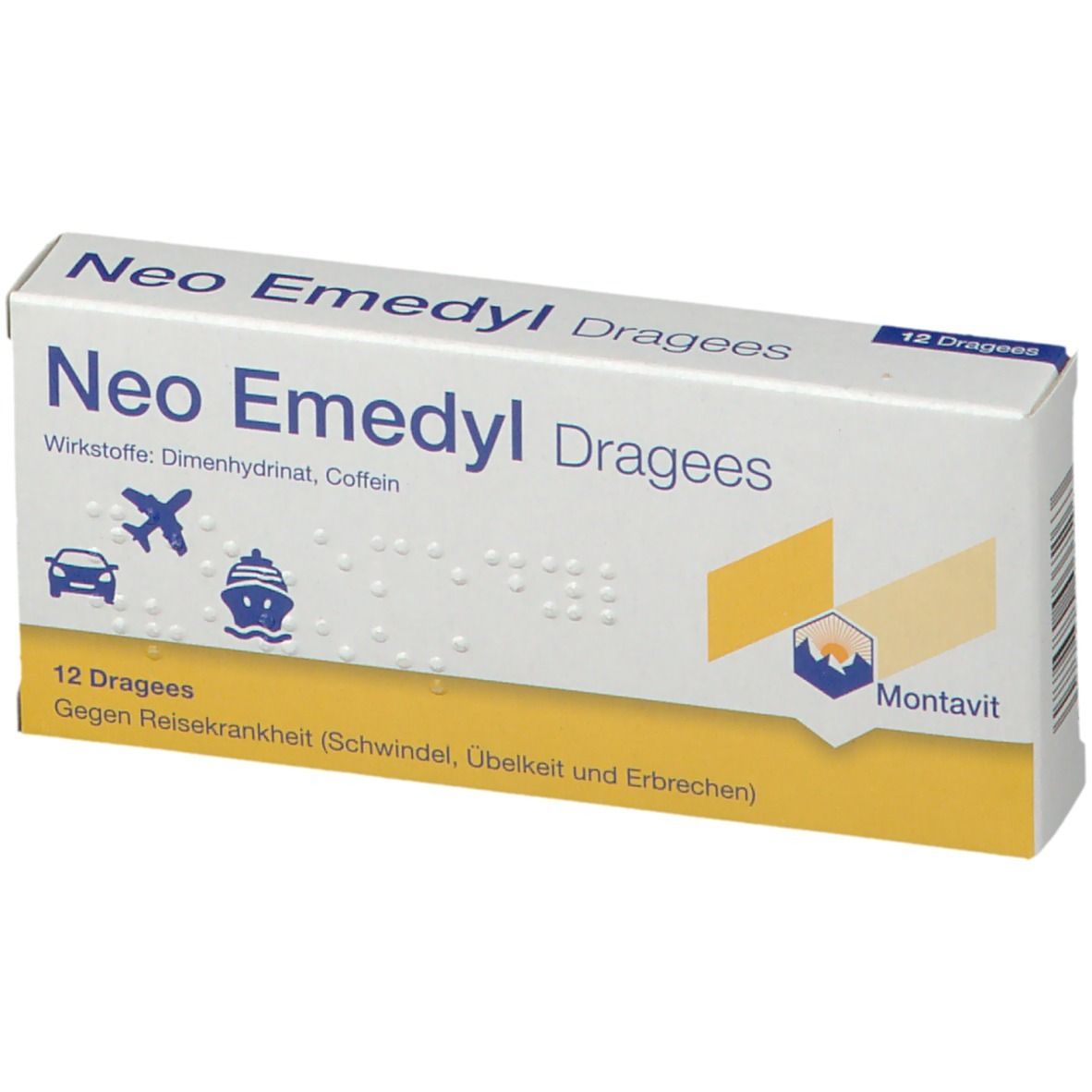 Schachtel "Neo Emedyl Dragees" mit 12 Dragees. Aufdrucke: Wirkstoffe, Piktogramme von Auto, Flugzeug, Schiff. Gelber Akzent.