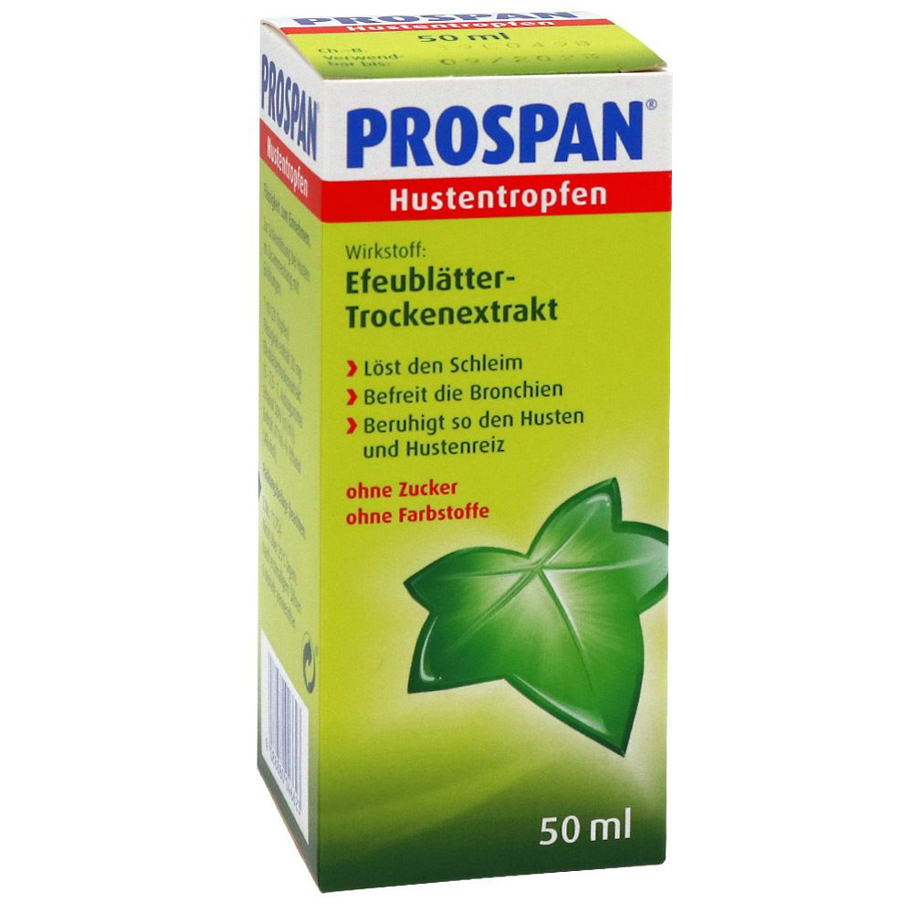 Grüne Schachtel mit Aufschrift: PROSPAN Hustentropfen. Enthält Efeublätter-Trockenextrakt. 50 ml.
