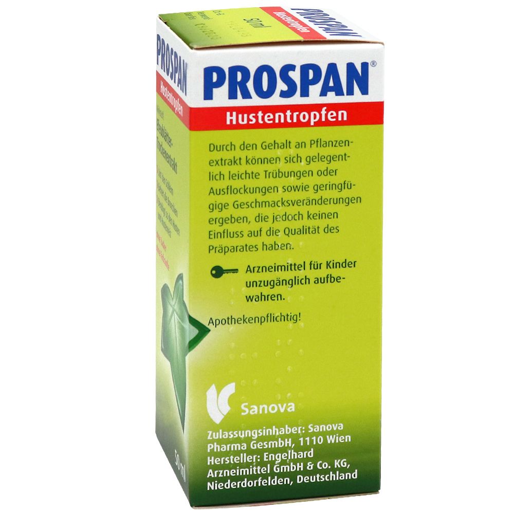 Grüne Schachtel mit Aufschrift: PROSPAN Hustentropfen. Rückseite mit Text und Sanova-Logo. 50 ml.