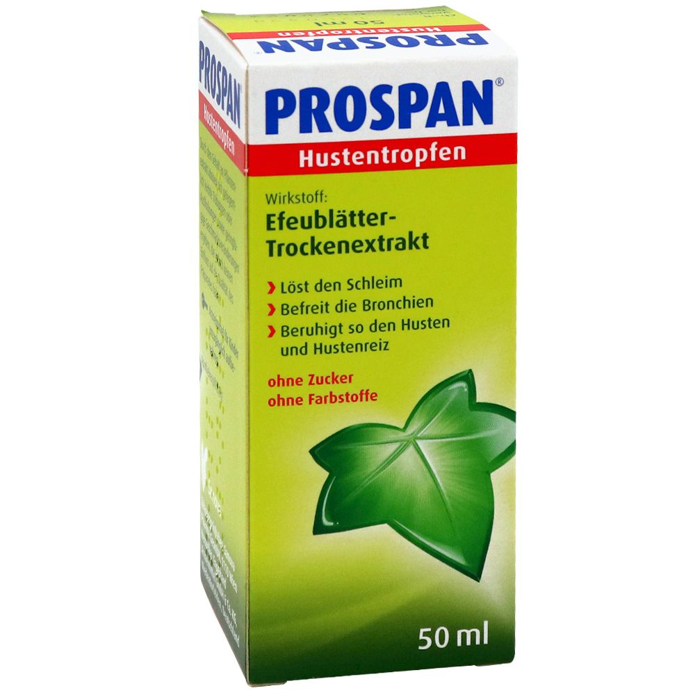 Grüne Schachtel mit Aufschrift: PROSPAN Hustentropfen. Enthält Efeublätter-Trockenextrakt. 50 ml.