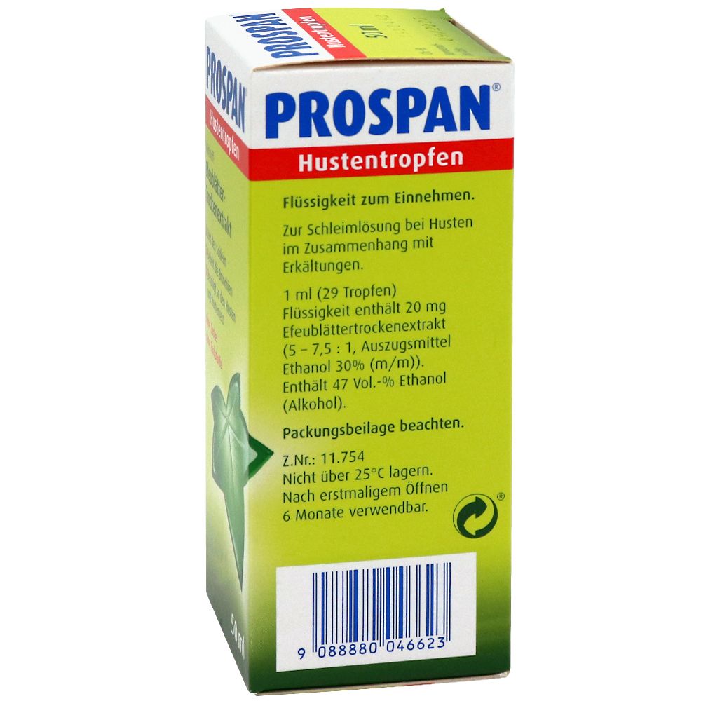 Grüne Schachtel mit Aufschrift: PROSPAN Hustentropfen. Rückseite mit Text. 50 ml.