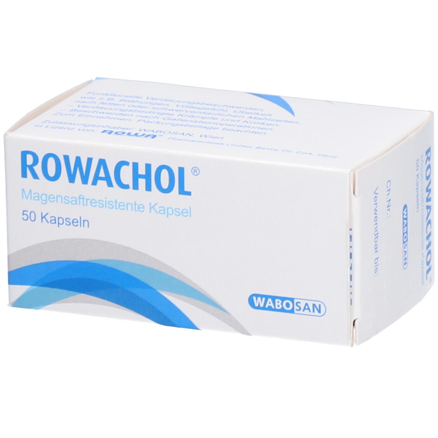 Weiße Schachtel mit ROWACHOL-Logo und 50 Kapseln. WABOSAN-Logo unten rechts.