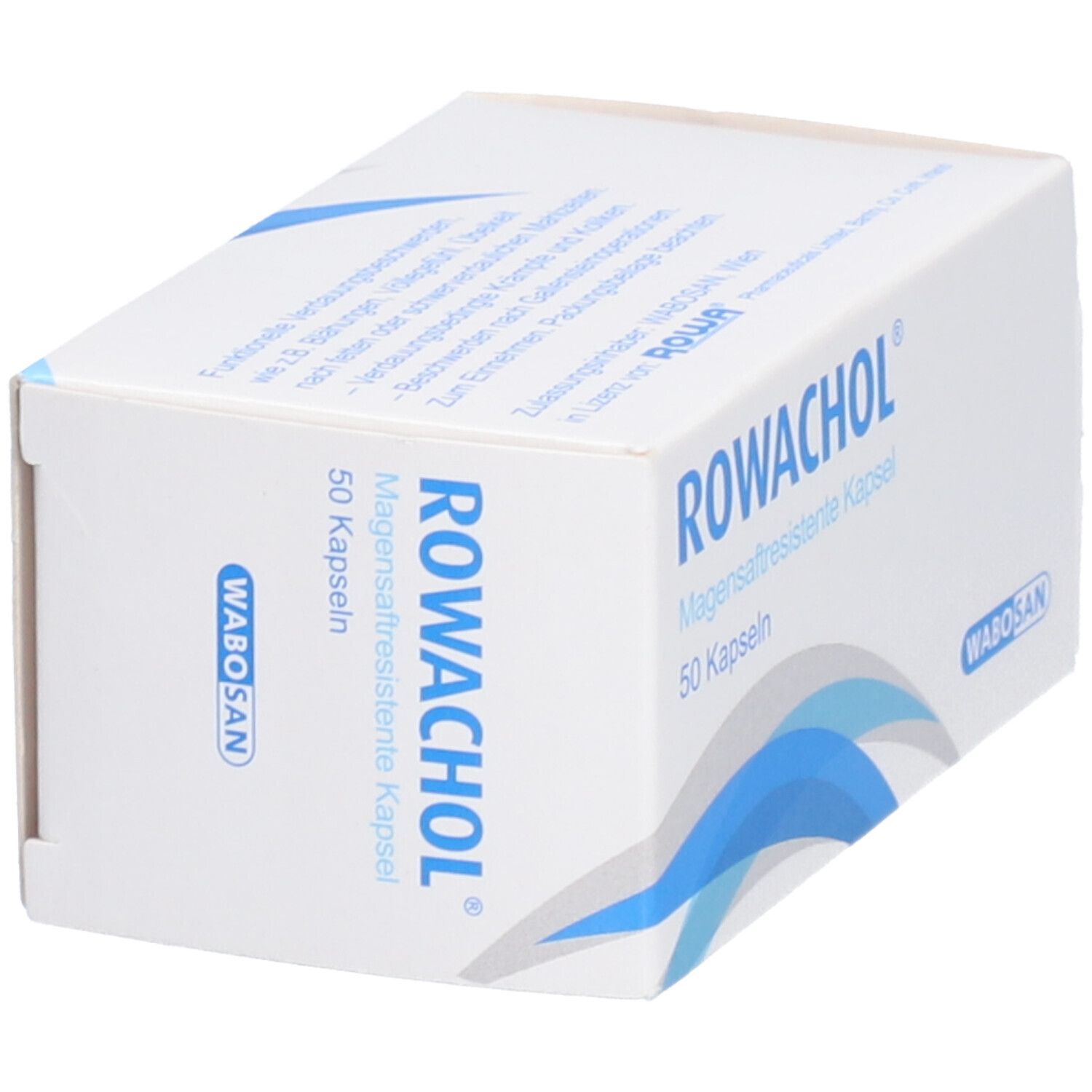 Schachtel mit ROWACHOL-Logo und 50 Kapseln. Blaue Wellen. WABOSAN-Logo.