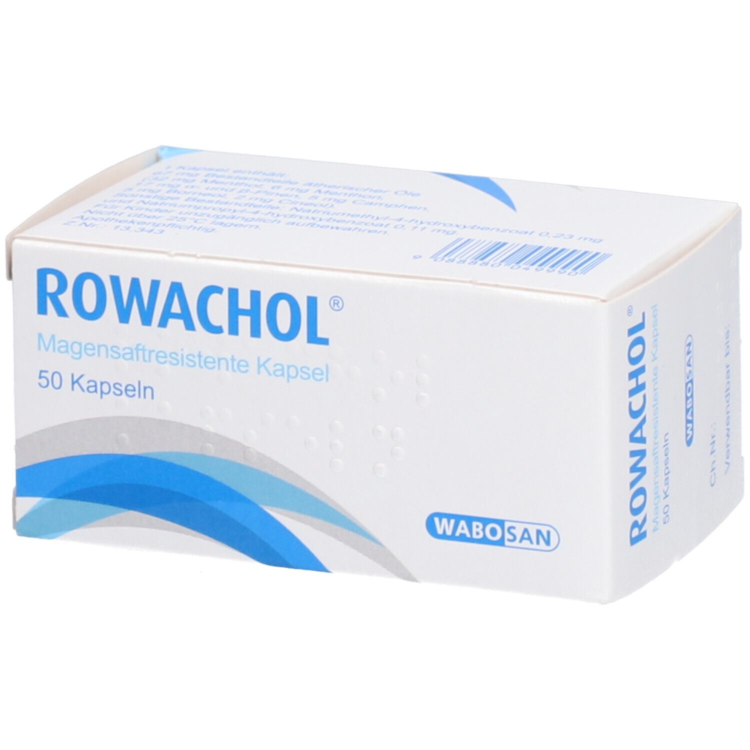 Weiße Schachtel mit ROWACHOL-Logo und 50 Kapseln. WABOSAN-Logo unten rechts.
