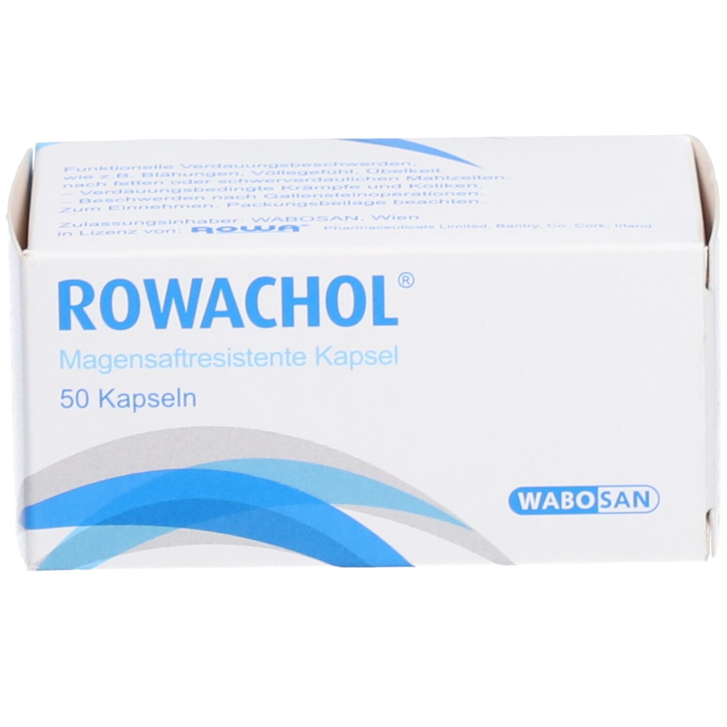 Weiße Schachtel mit ROWACHOL-Logo und 50 Kapseln. WABOSAN-Logo unten rechts.