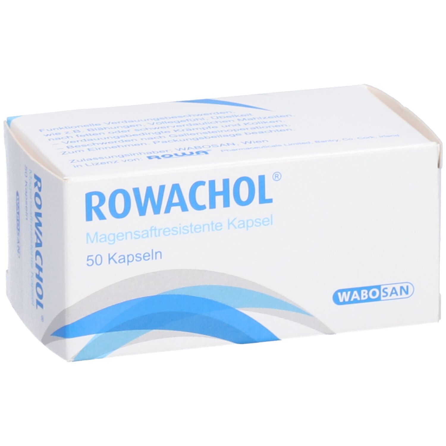 Schachtel mit ROWACHOL-Logo und 50 Kapseln. Blaue Wellen. WABOSAN-Logo.