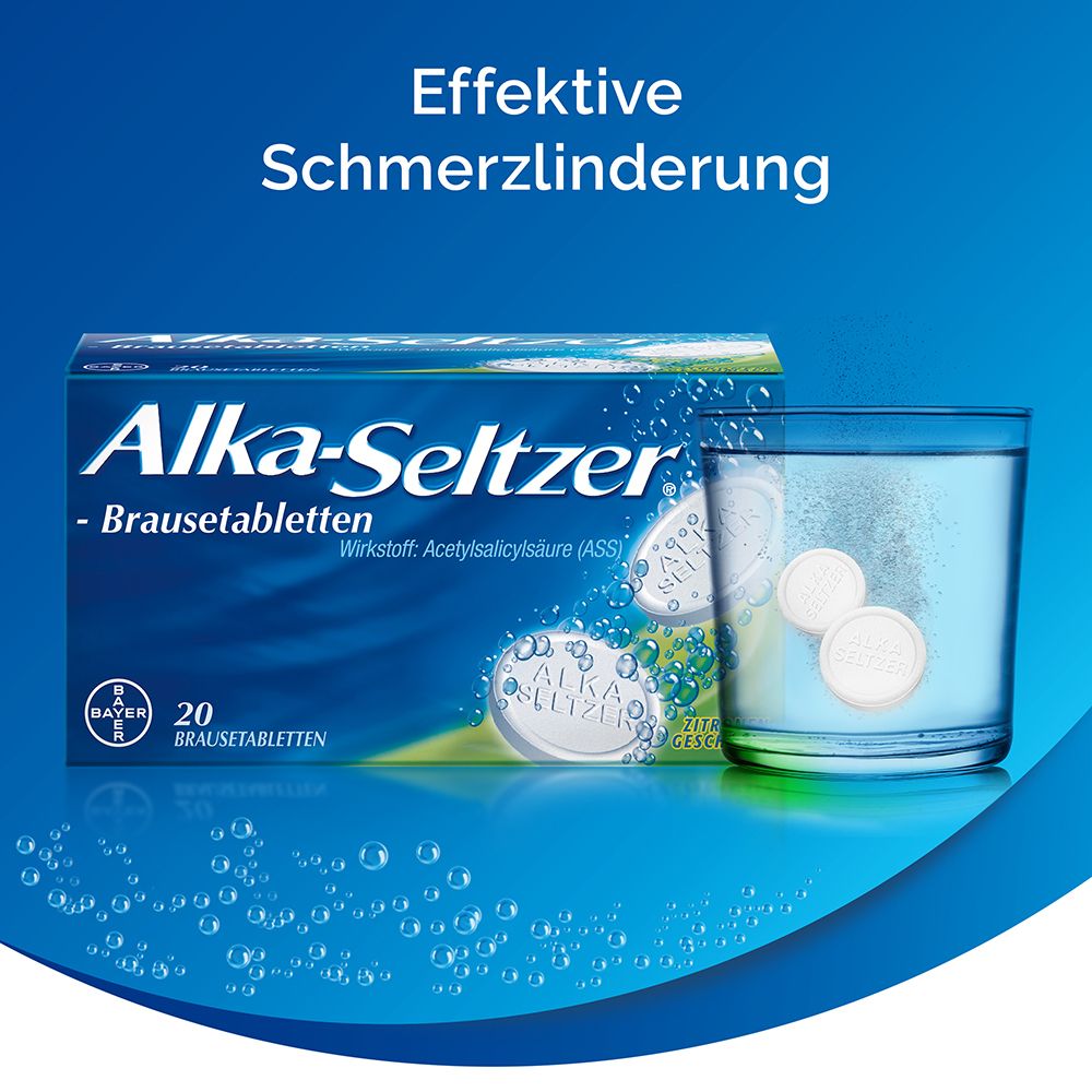 Alka-Seltzer Brausetabletten und Glas Wasser. Tabletten lösen sich auf. Text: Effektive Schmerzlinderung.
