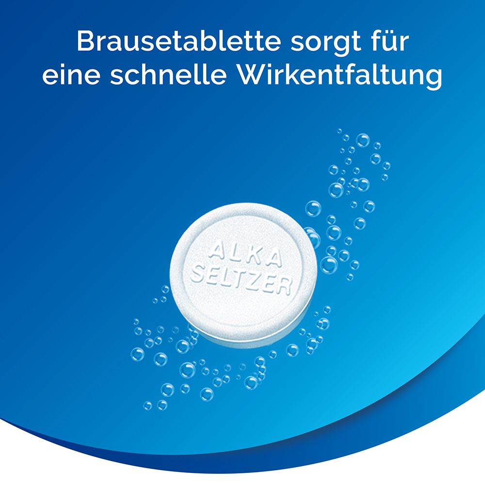 Brausetablette Alka-Seltzer. Tablettenoberfläche mit Logo. Hintergrund: Blauer Farbverlauf mit Blasen.