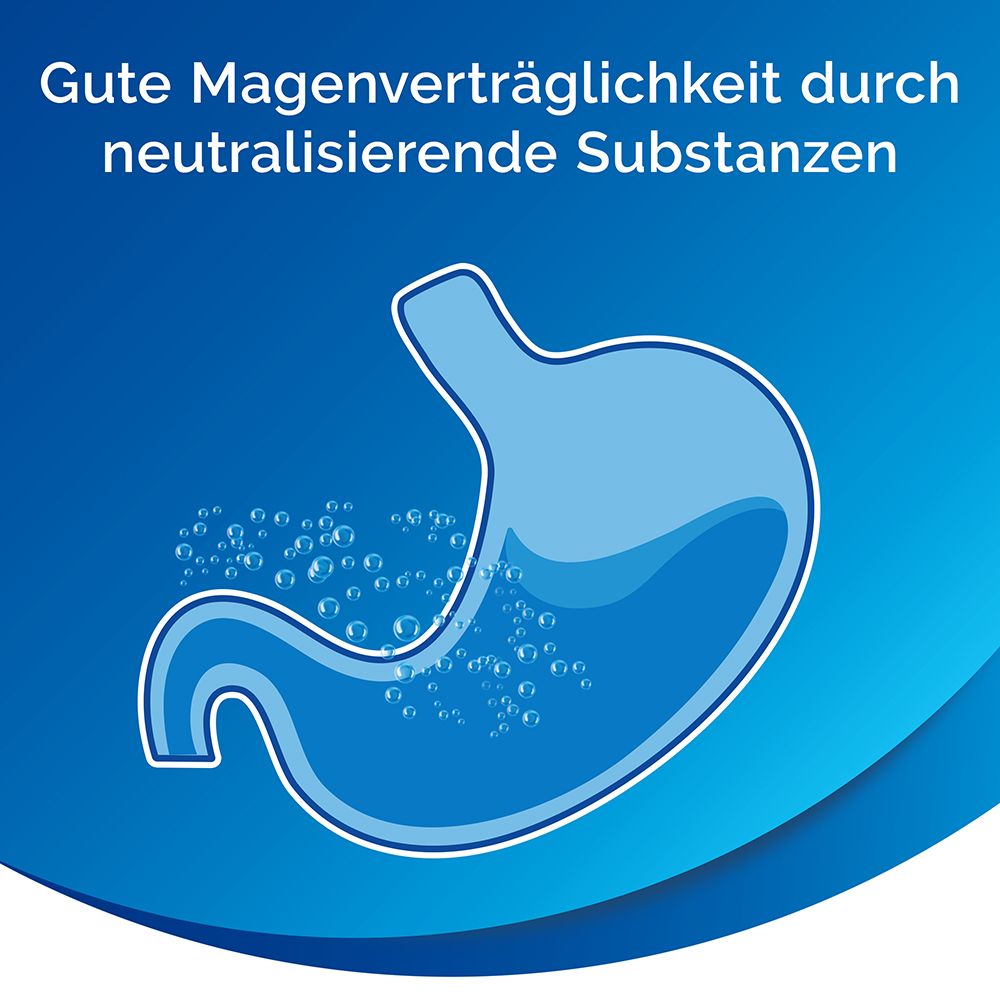 Illustration eines Magens. Text: Gute Magenverträglichkeit durch neutralisierende Substanzen.