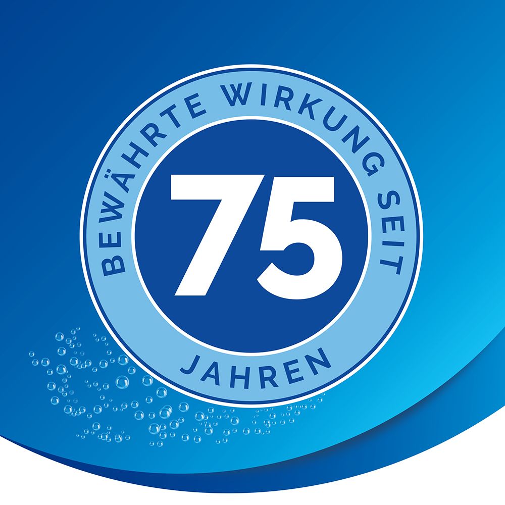 Rundes Logo mit Text: Bewährte Wirkung seit 75 Jahren. Blaues Design.
