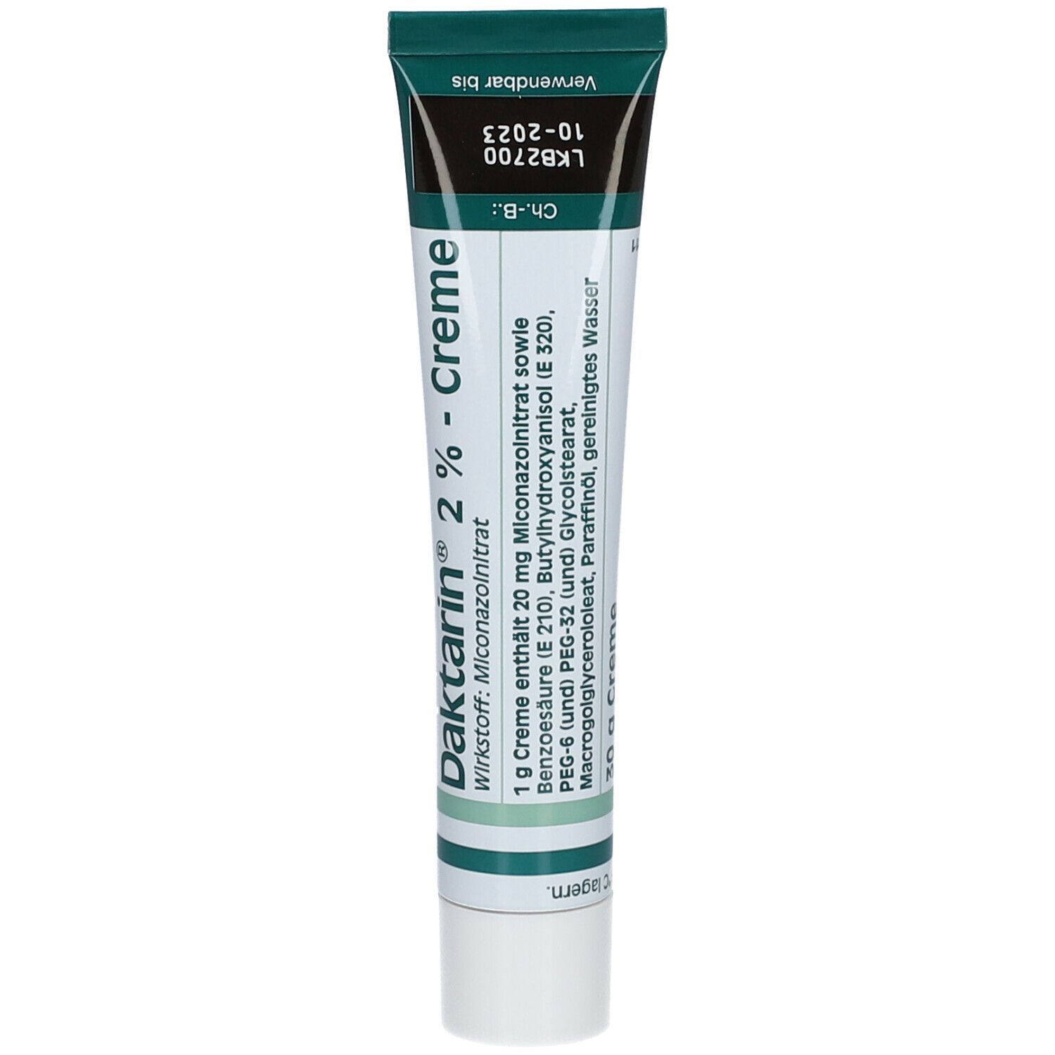 Tube mit grüner Kappe. Aufschrift: Daktarin® 2%-Creme. Enthält Miconazolnitrat. Verwendbar bis 10-2023.