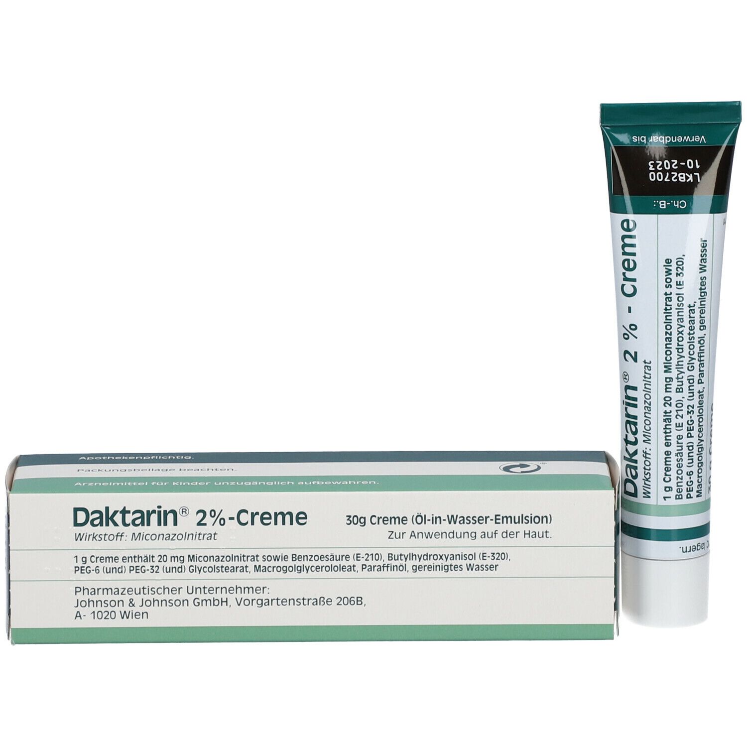 Schachtel und Tube. Aufschrift: Daktarin® 2%-Creme. Enthält Miconazolnitrat. 30g Creme. Öl-in-Wasser-Emulsion.