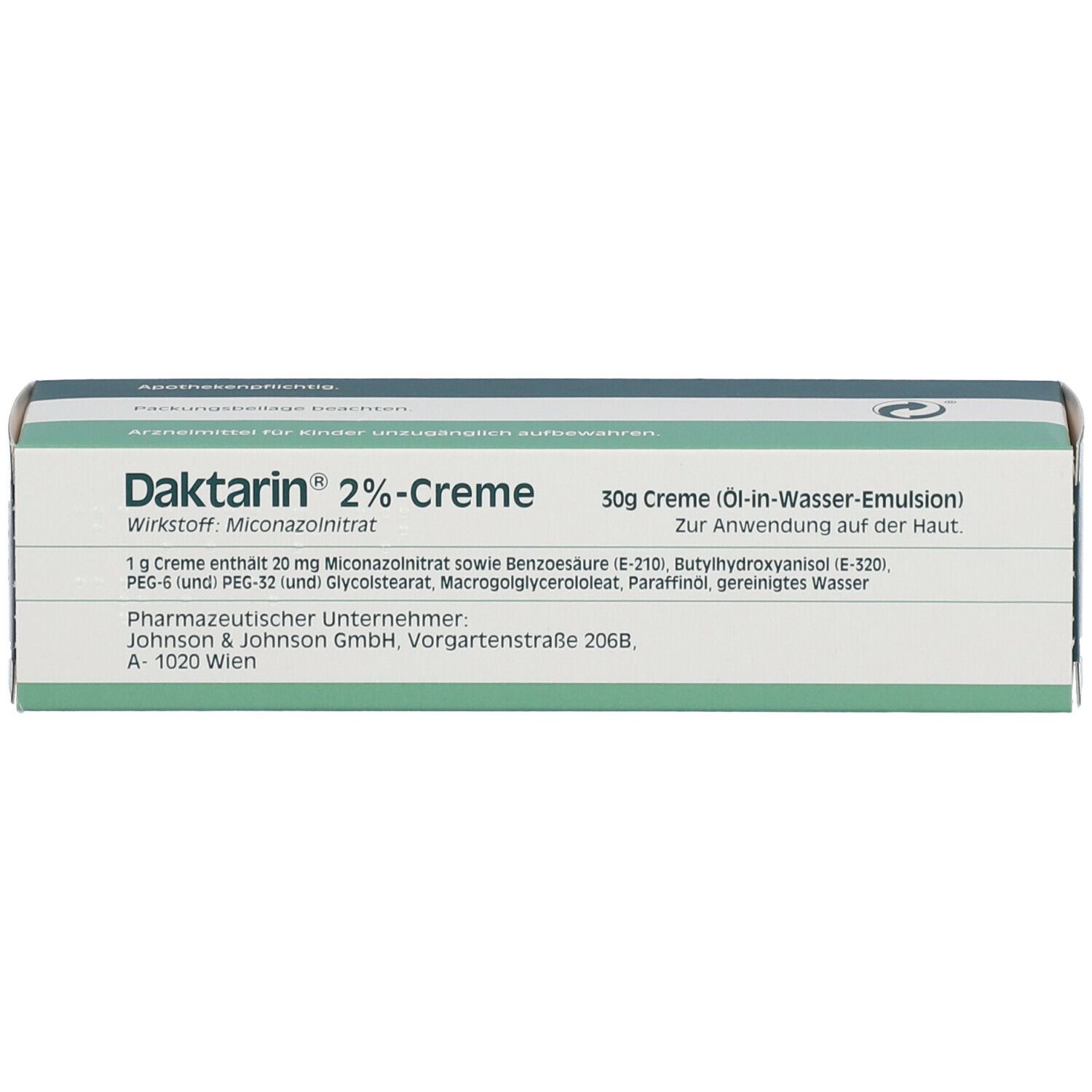 Schachtel. Aufschrift: Daktarin® 2%-Creme. Enthält Miconazolnitrat. 30g Creme. Öl-in-Wasser-Emulsion.