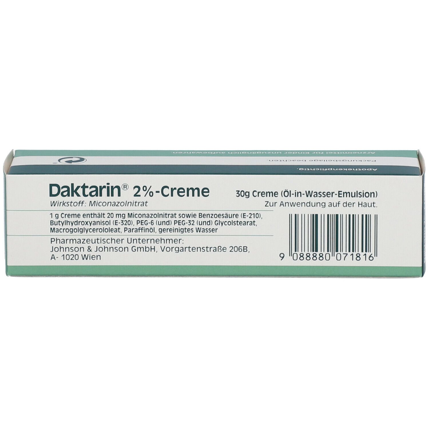 Schachtel. Aufschrift: Daktarin® 2%-Creme. Enthält Miconazolnitrat. 30g Creme. Öl-in-Wasser-Emulsion. Barcode.