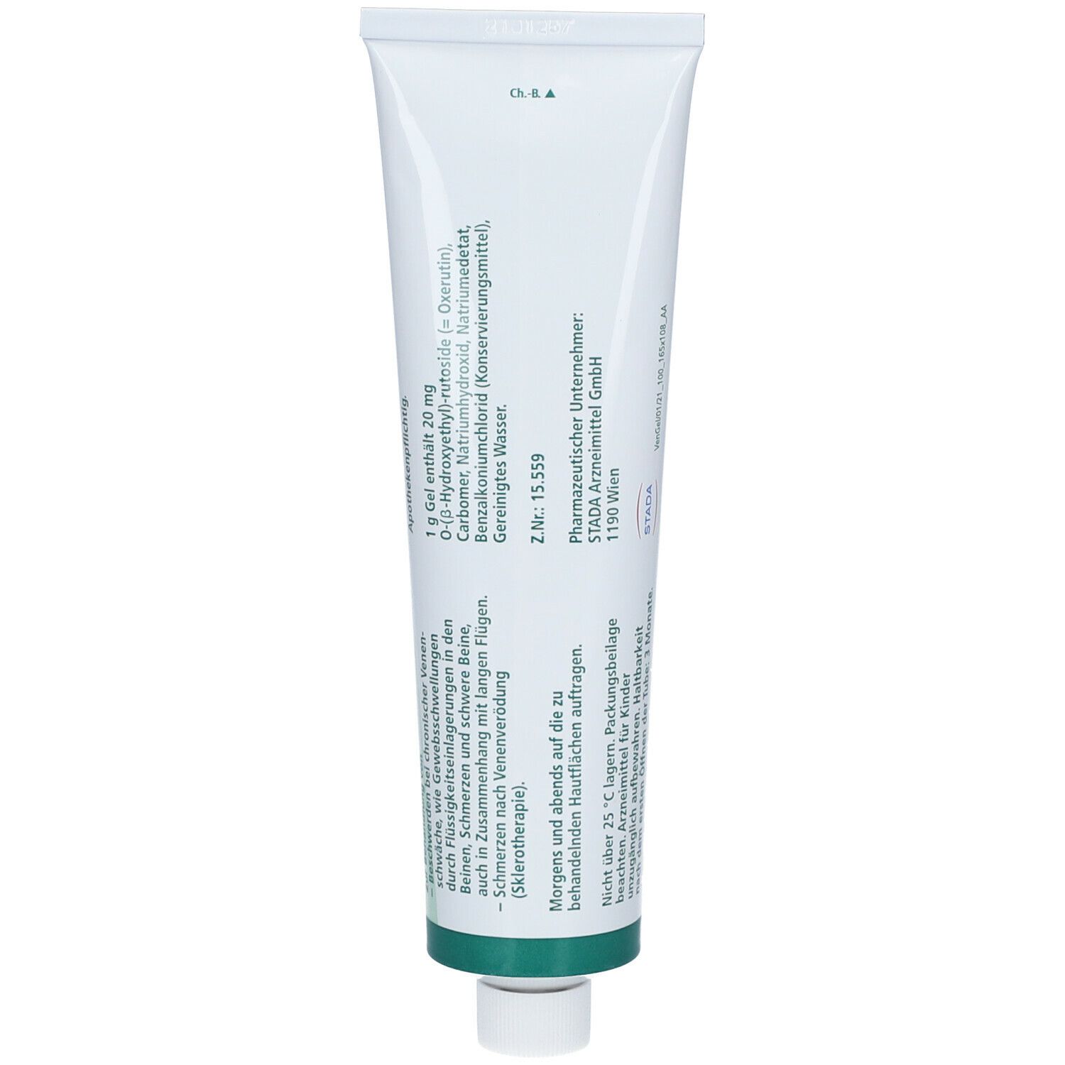 Rückseite der Venoruton Gel Tube. Text mit Inhaltsstoffen und Herstellerinformationen.