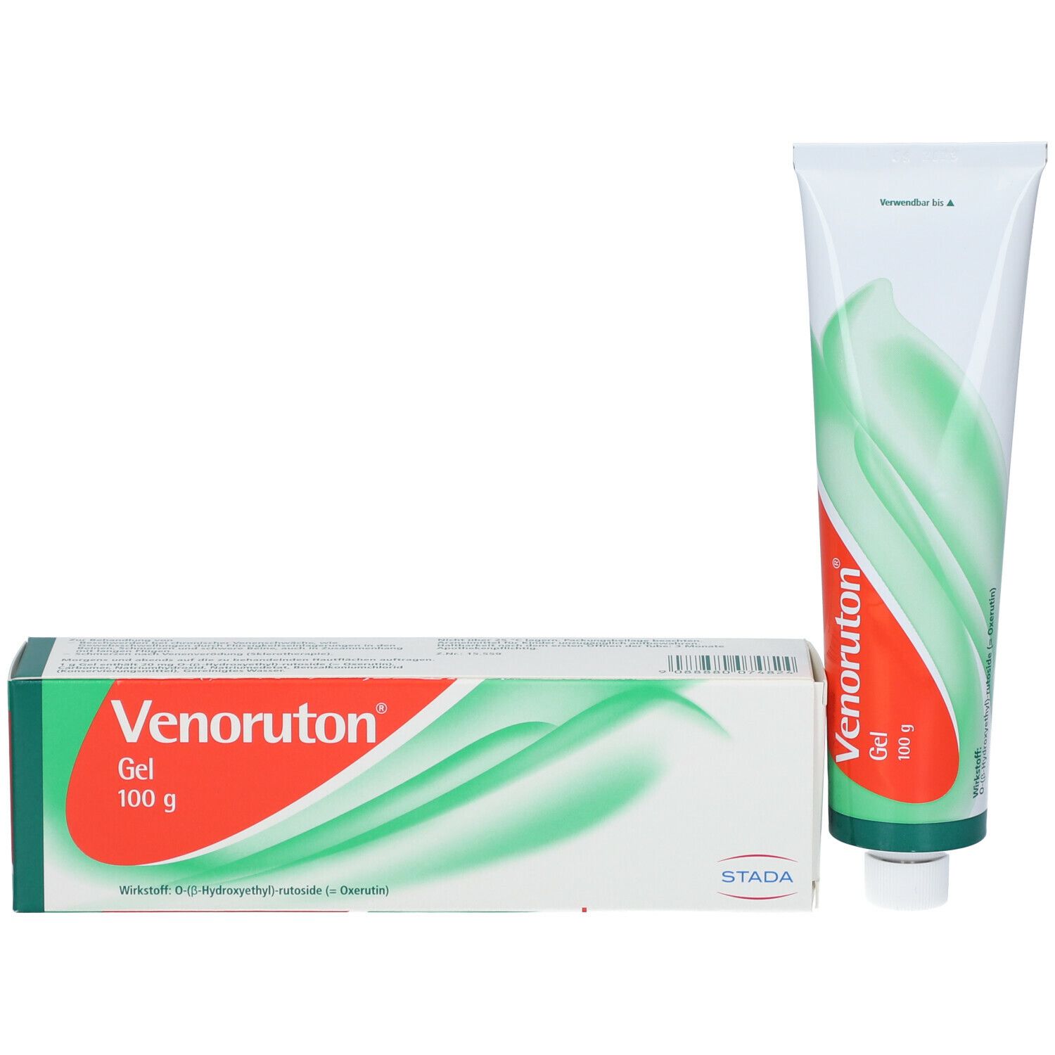 Venoruton Gel Tube und Schachtel. Schachtel: weiß, grün, rot. Tube: weiß, grün, rot. Aufschrift: Venoruton Gel 100 g.