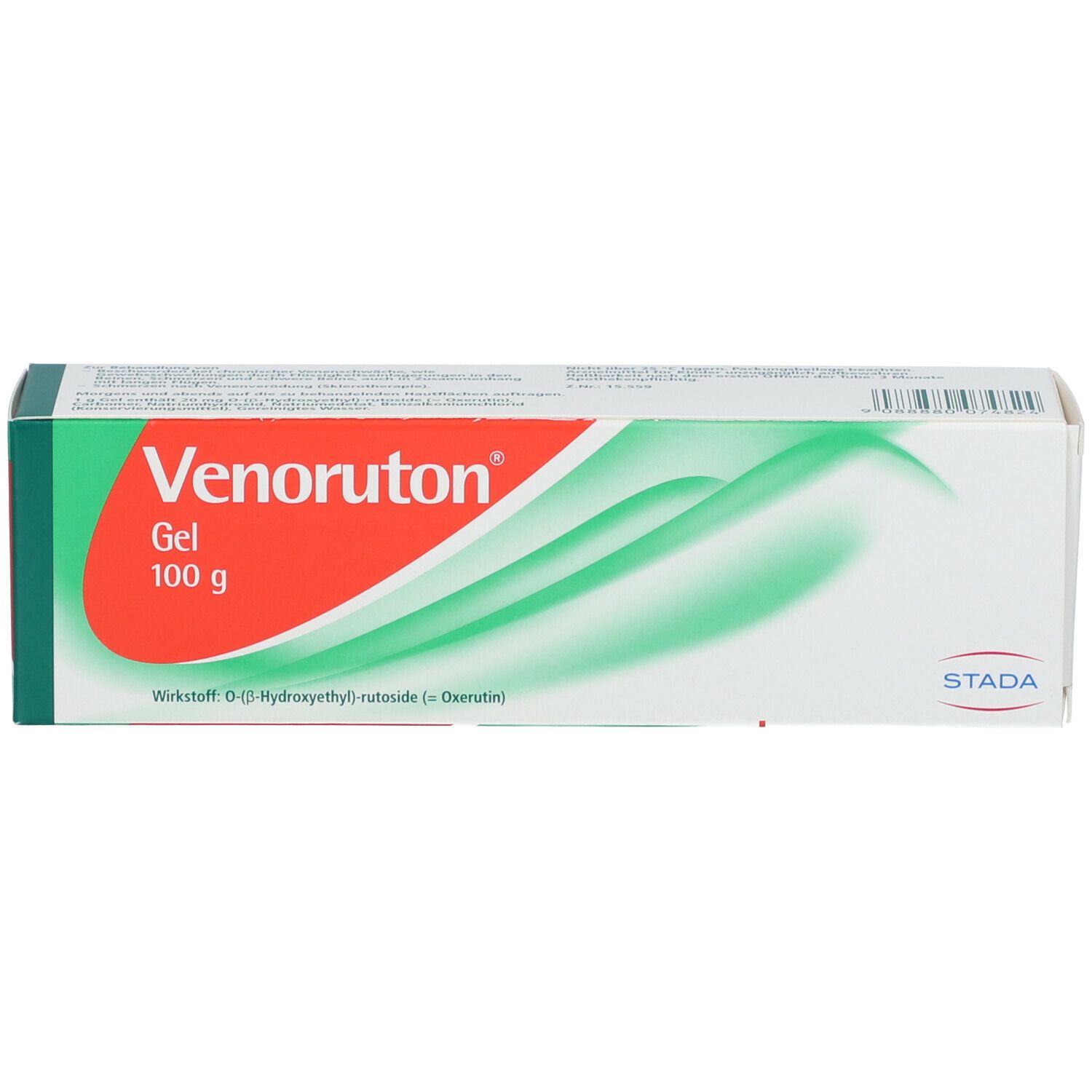 Venoruton Gel Schachtel. Weiß, grün, rot. Aufschrift: Venoruton Gel 100 g. Wirkstoff: O-(β-Hydroxyethyl)-rutoside.