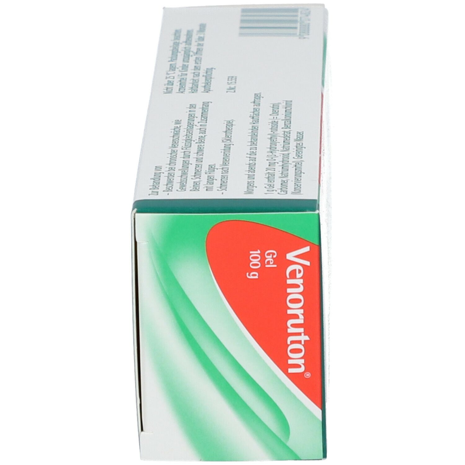 Seite der Venoruton Gel Schachtel. Text mit Anwendungshinweisen und Inhaltsstoffen.