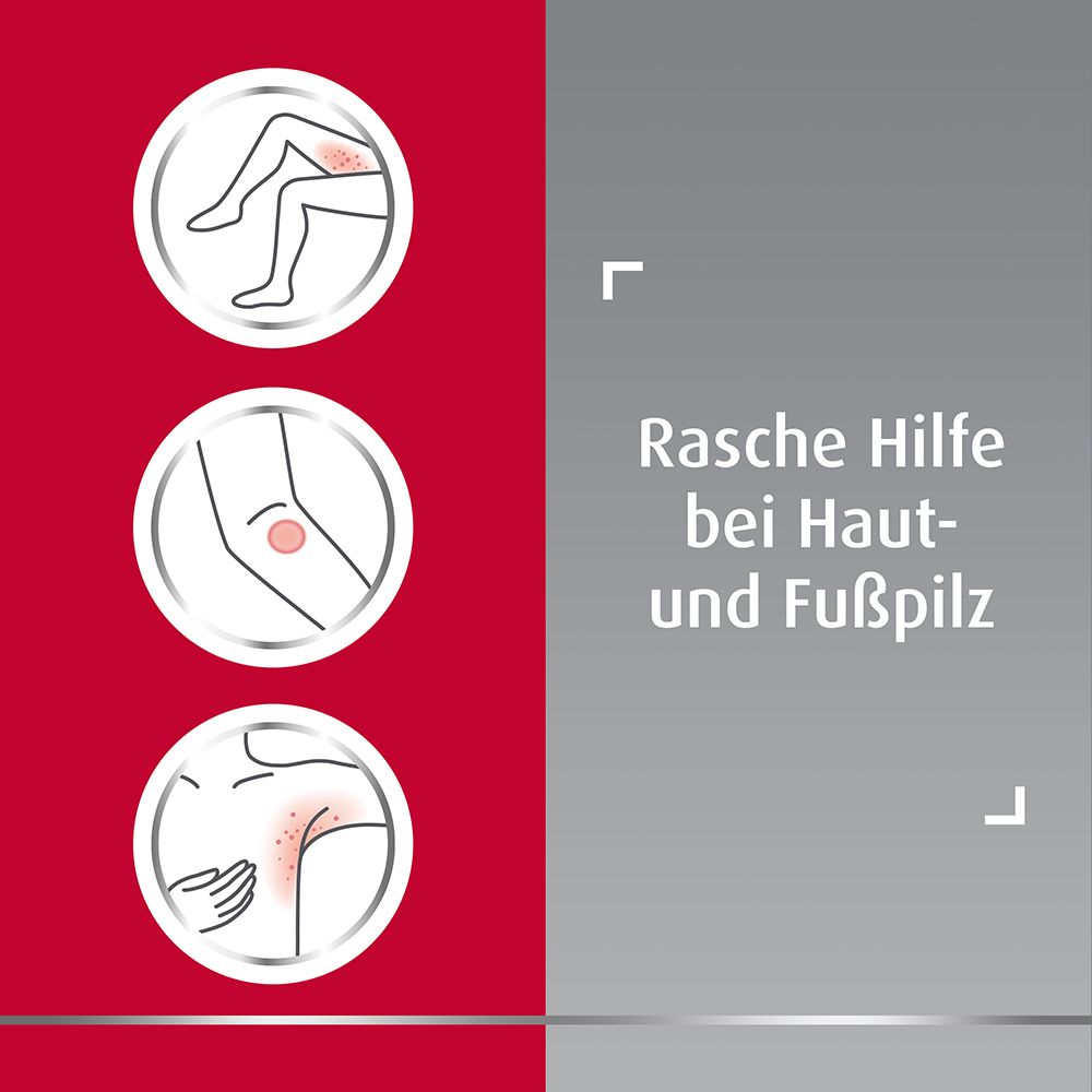 Grafik mit Symbolen für Haut- und Fußpilz. Text: Rasche Hilfe bei Haut- und Fußpilz.