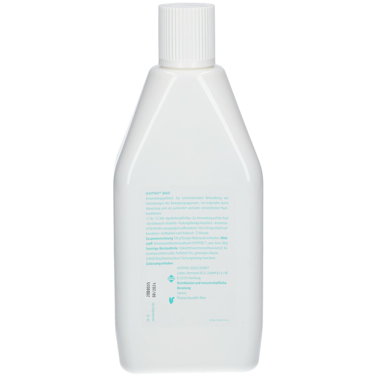 Rückseite der weißen Flasche. Textinformationen. Grüner Aufdruck mit Logo.