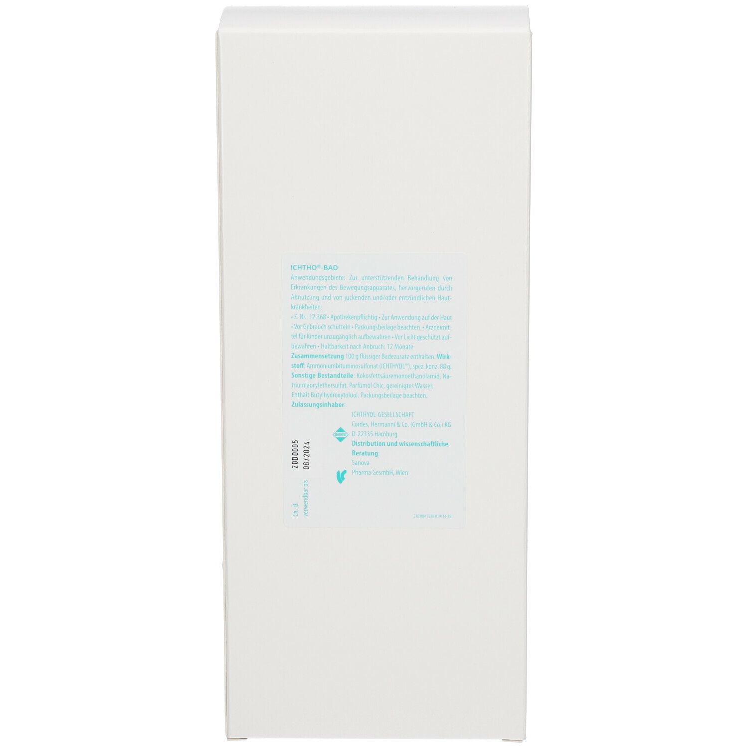 Rückseite des weißen Kartons. Textinformationen. Grüner Aufdruck.
