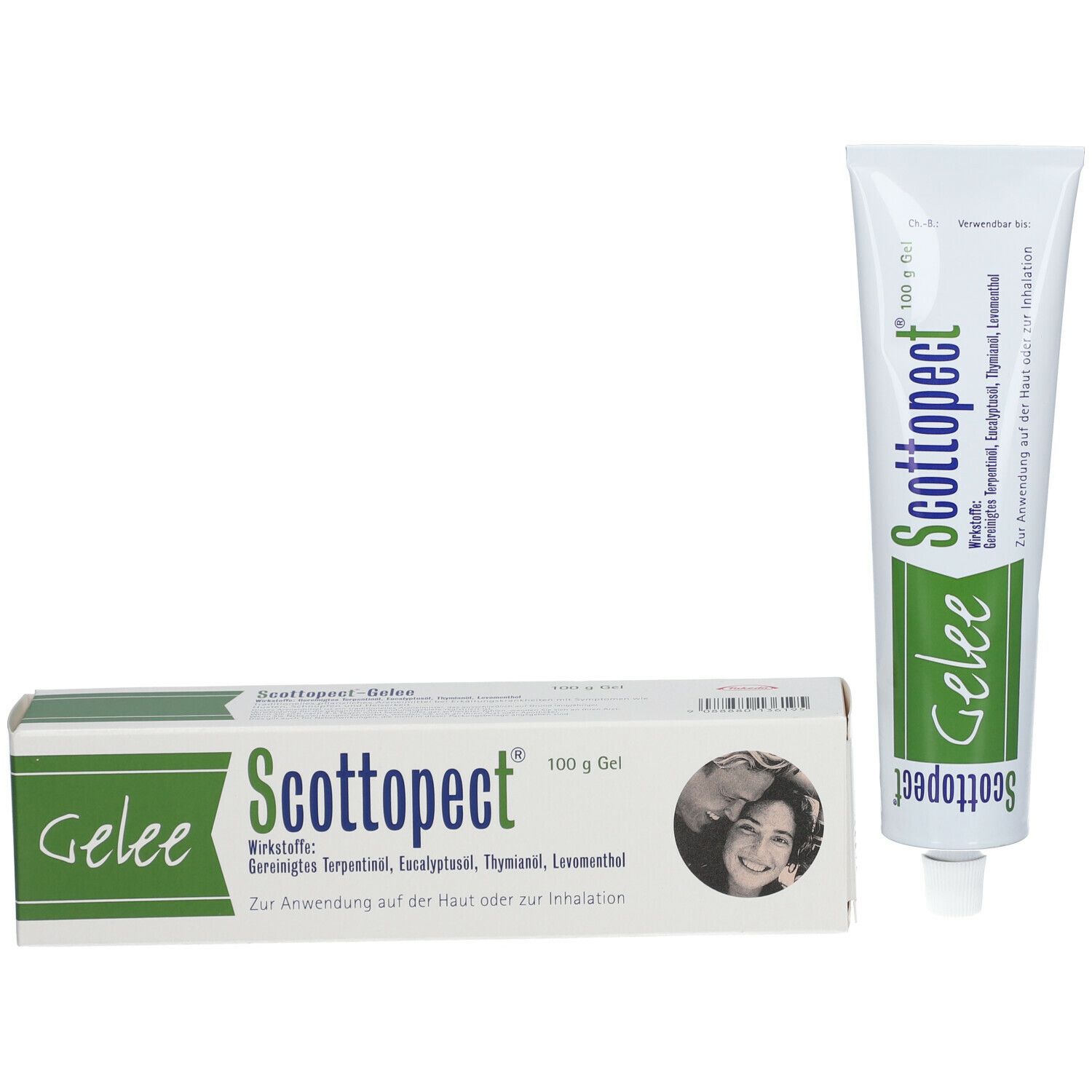 Tube und Schachtel. Aufschrift: Scottopect Gelee. Wirkstoffe und Anwendungshinweis. Abbildung eines Paares.