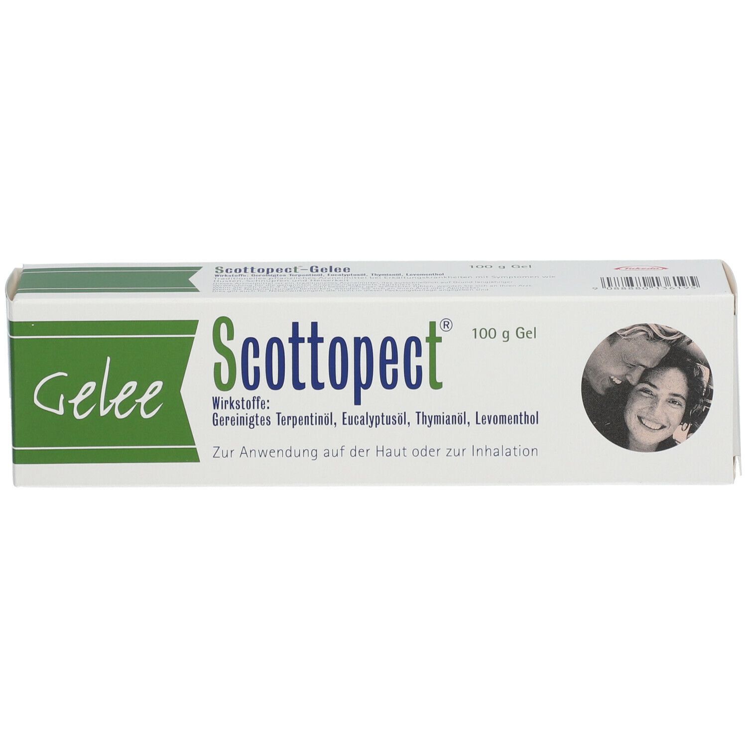Schachtel mit Aufschrift: Scottopect Gelee. Wirkstoffe und Anwendungshinweis. Abbildung eines Paares.