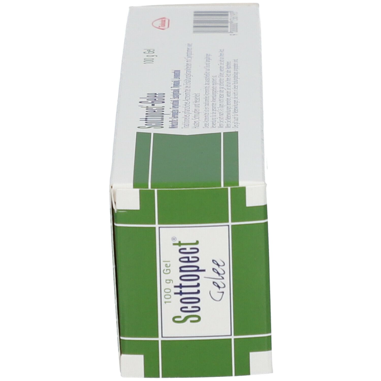 Schachtel, grün-weiß. Aufschrift: Scottopect Gelee. 100 g Gel. Seitenansicht mit Text.