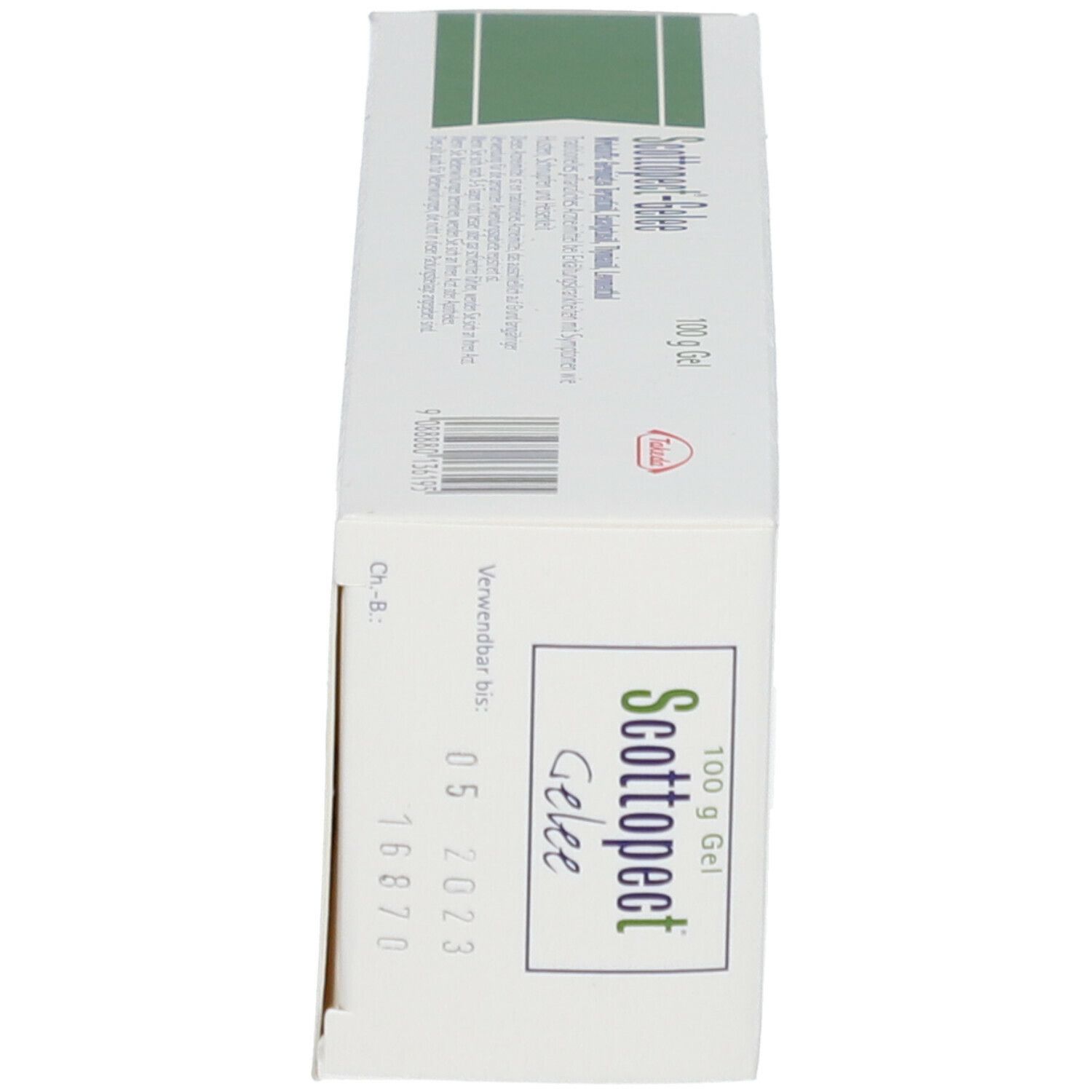 Schachtel, grün-weiß. Aufschrift: Scottopect Gelee. 100 g Gel. Verfallsdatum und Chargennummer.