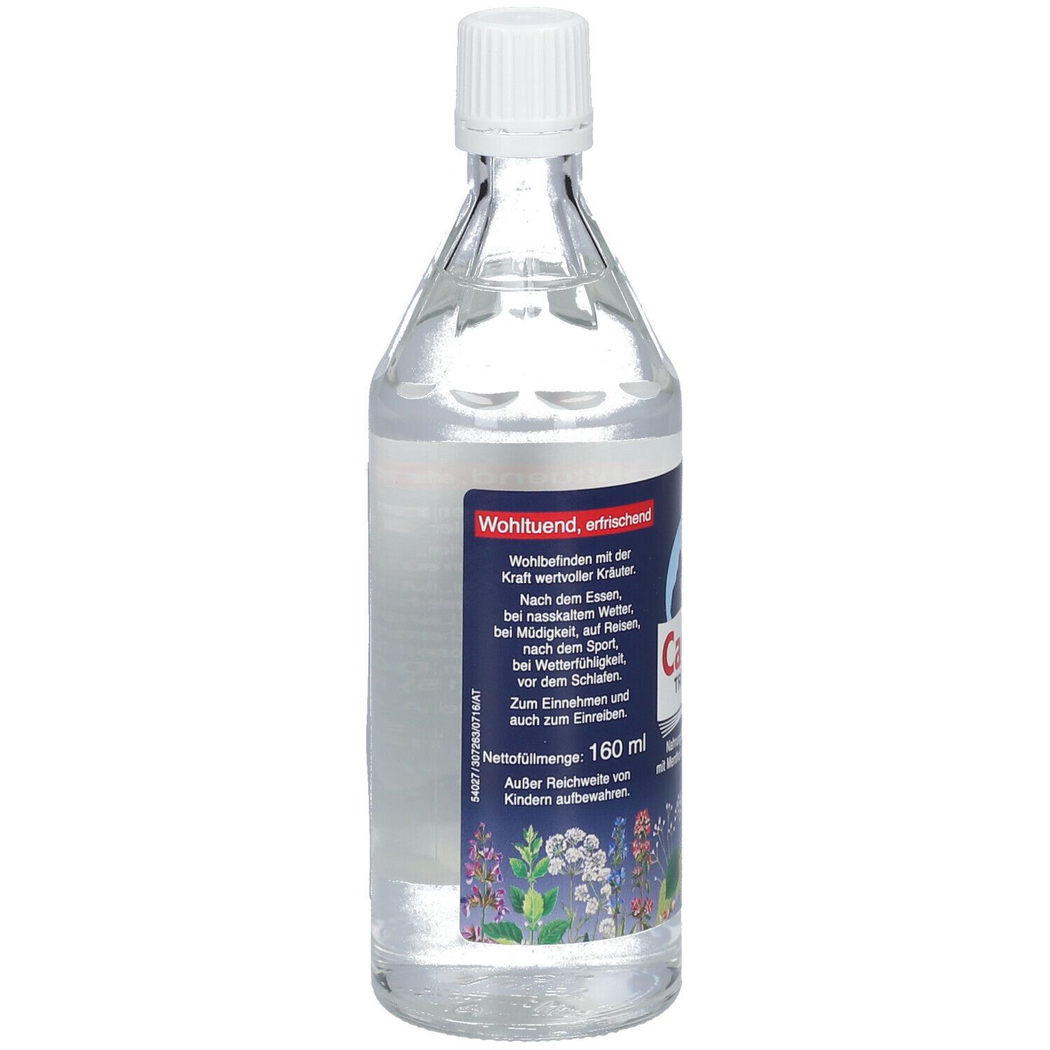 Glasflasche mit klarer Flüssigkeit und weißem Verschluss. Blaues Etikett mit Text und Kräuterabbildungen.