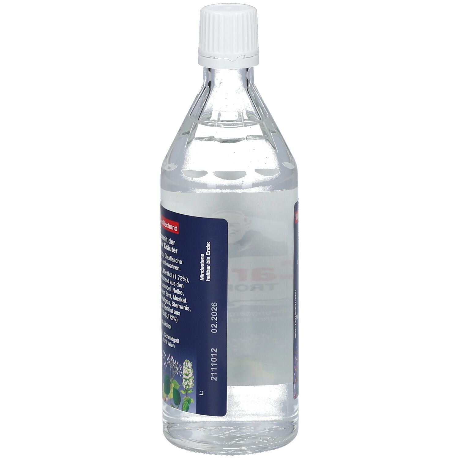 Glasflasche mit klarer Flüssigkeit und weißem Verschluss. Blaues Etikett mit Text und Haltbarkeitsdatum.