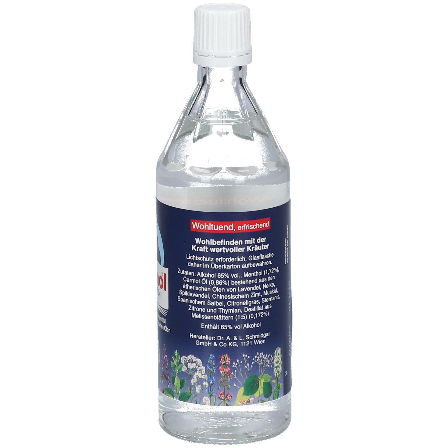 Glasflasche mit klarer Flüssigkeit und weißem Verschluss. Blaues Etikett mit Inhaltsstoffen und Text.