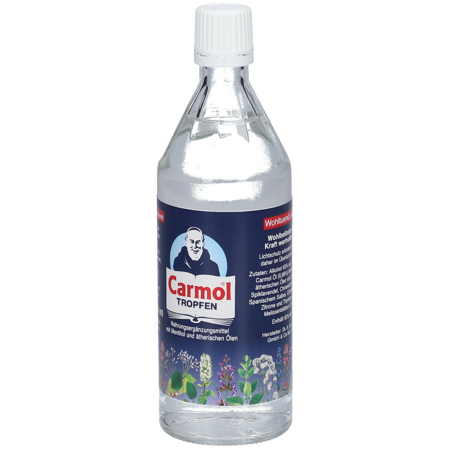 Glasflasche mit klarer Flüssigkeit und weißem Verschluss. Blaues Etikett mit Produktname und Mönch-Illustration.